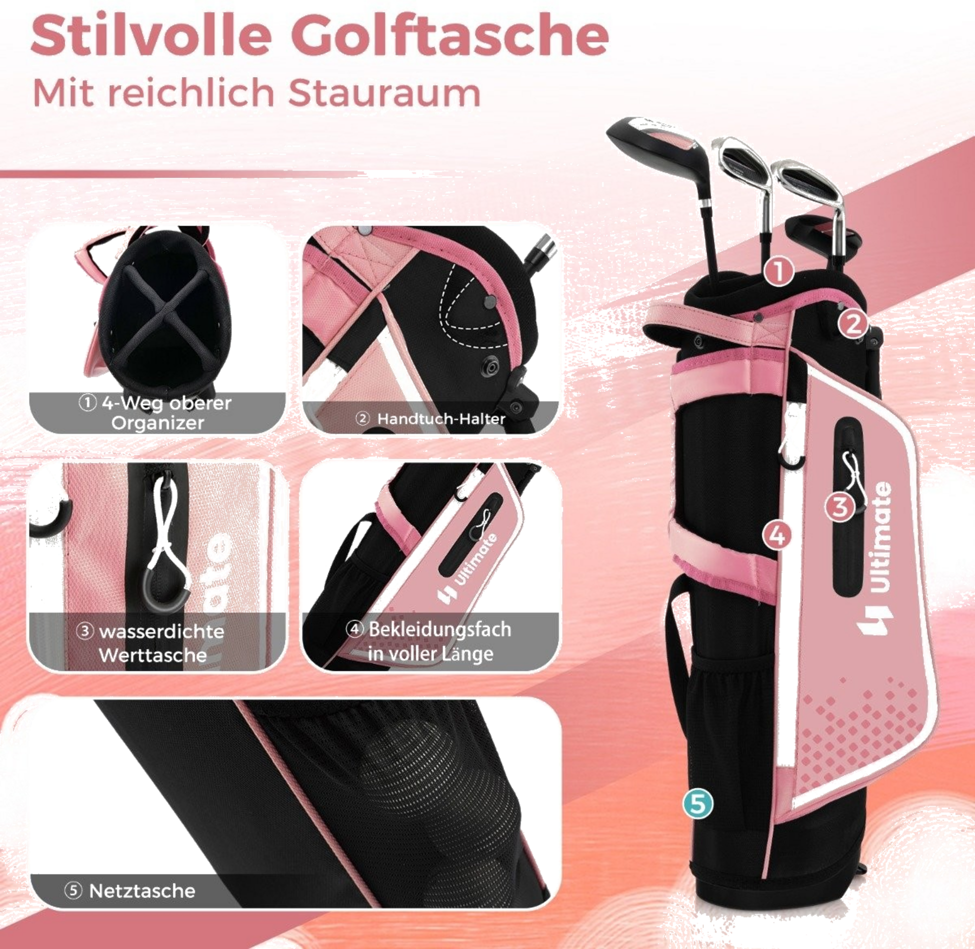 NORTHIX, 4-piece Children's Golf Club Set With Golf Bag And Rain Cover For Children Aged 5-7 Years, Pink