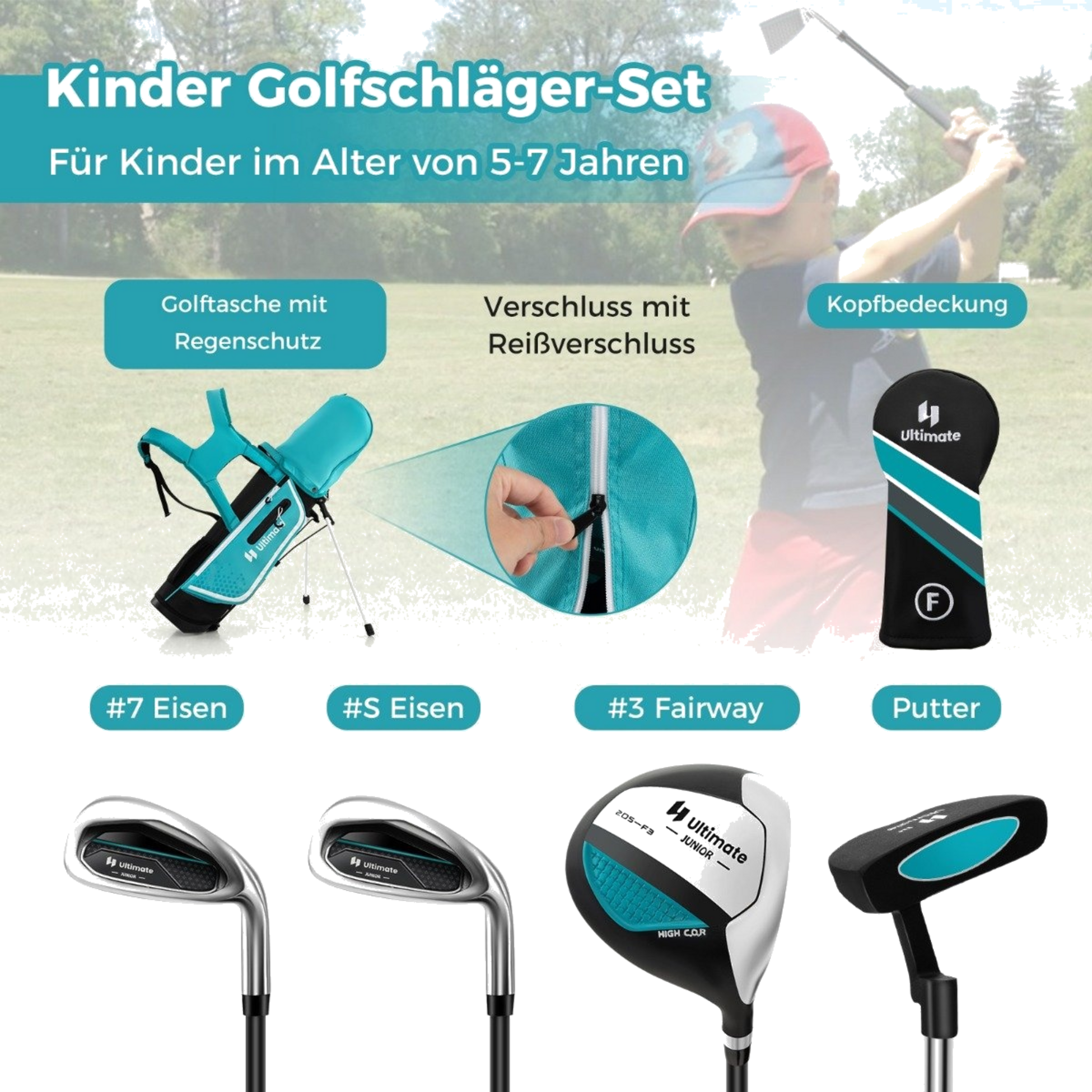 NORTHIX, 4-piece Children's Golf Club Set With Golf Bag And Rain Cover For Children Aged 5-7 Years Blue