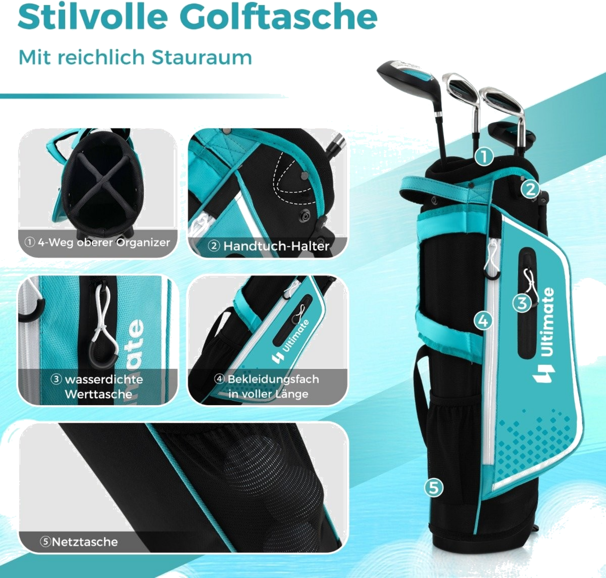 NORTHIX, 4-piece Children's Golf Club Set With Golf Bag And Rain Cover For Children Aged 5-7 Years Blue