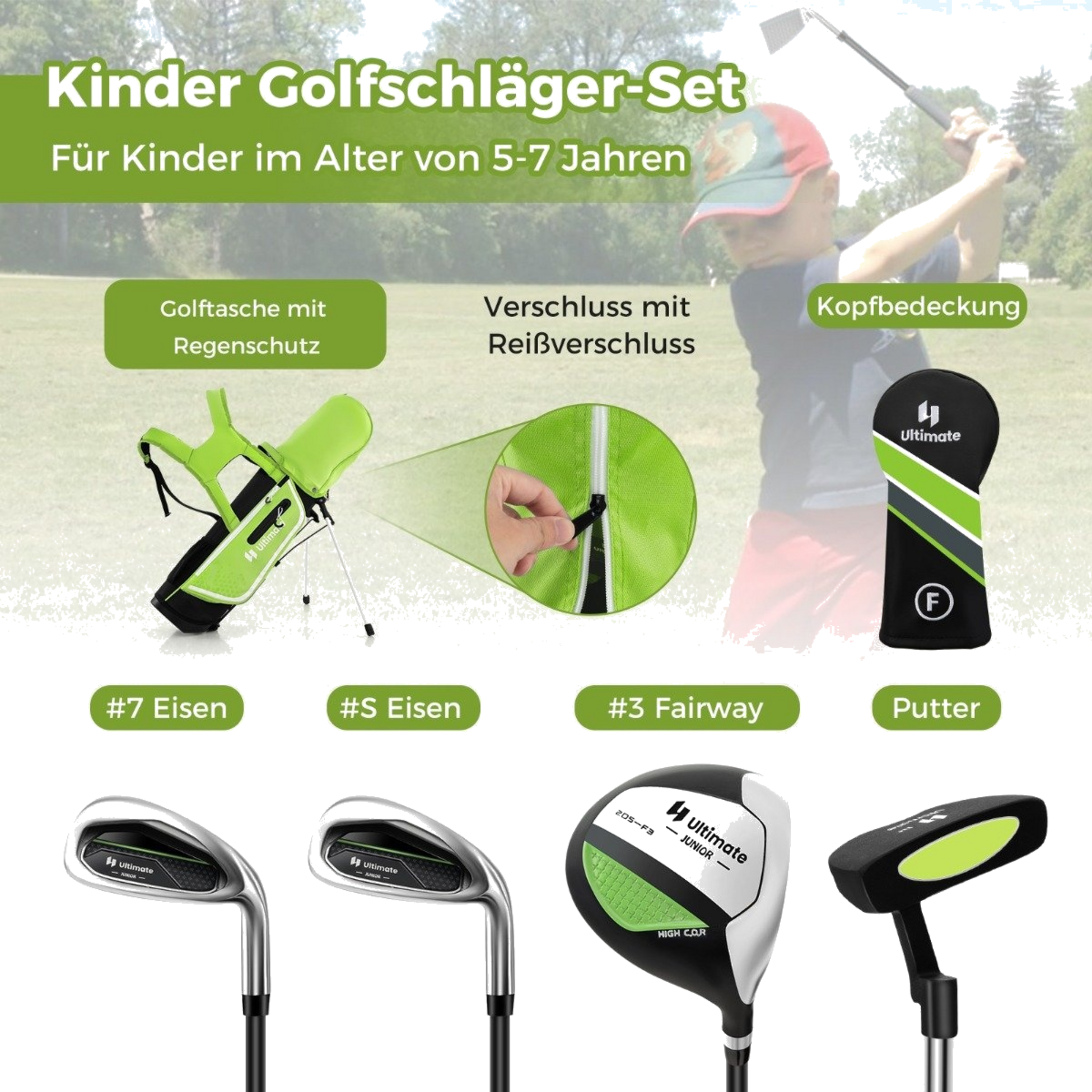 NORTHIX, 4-piece Children's Golf Club Set With Golf Bag And Rain Cover For Children Aged 5-7 Years Green