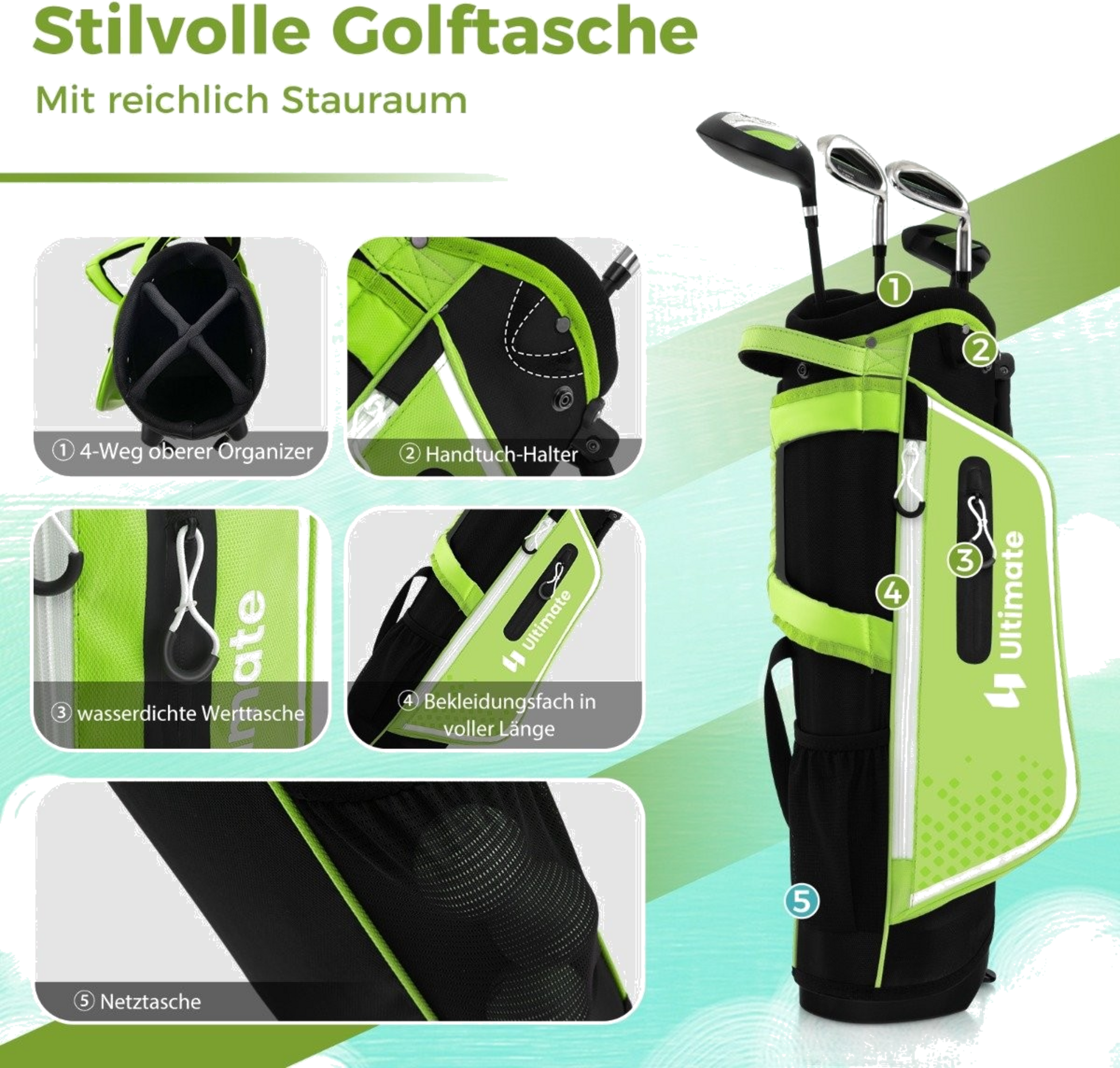 NORTHIX, 4-piece Children's Golf Club Set With Golf Bag And Rain Cover For Children Aged 5-7 Years Green