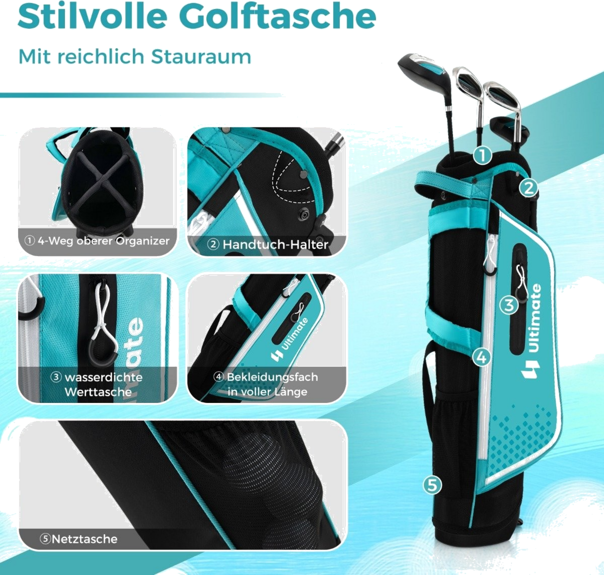 NORTHIX, 4-piece Children's Golf Club Set With Golf Bag And Rain Cover For Children Aged 8-10 Years Blue
