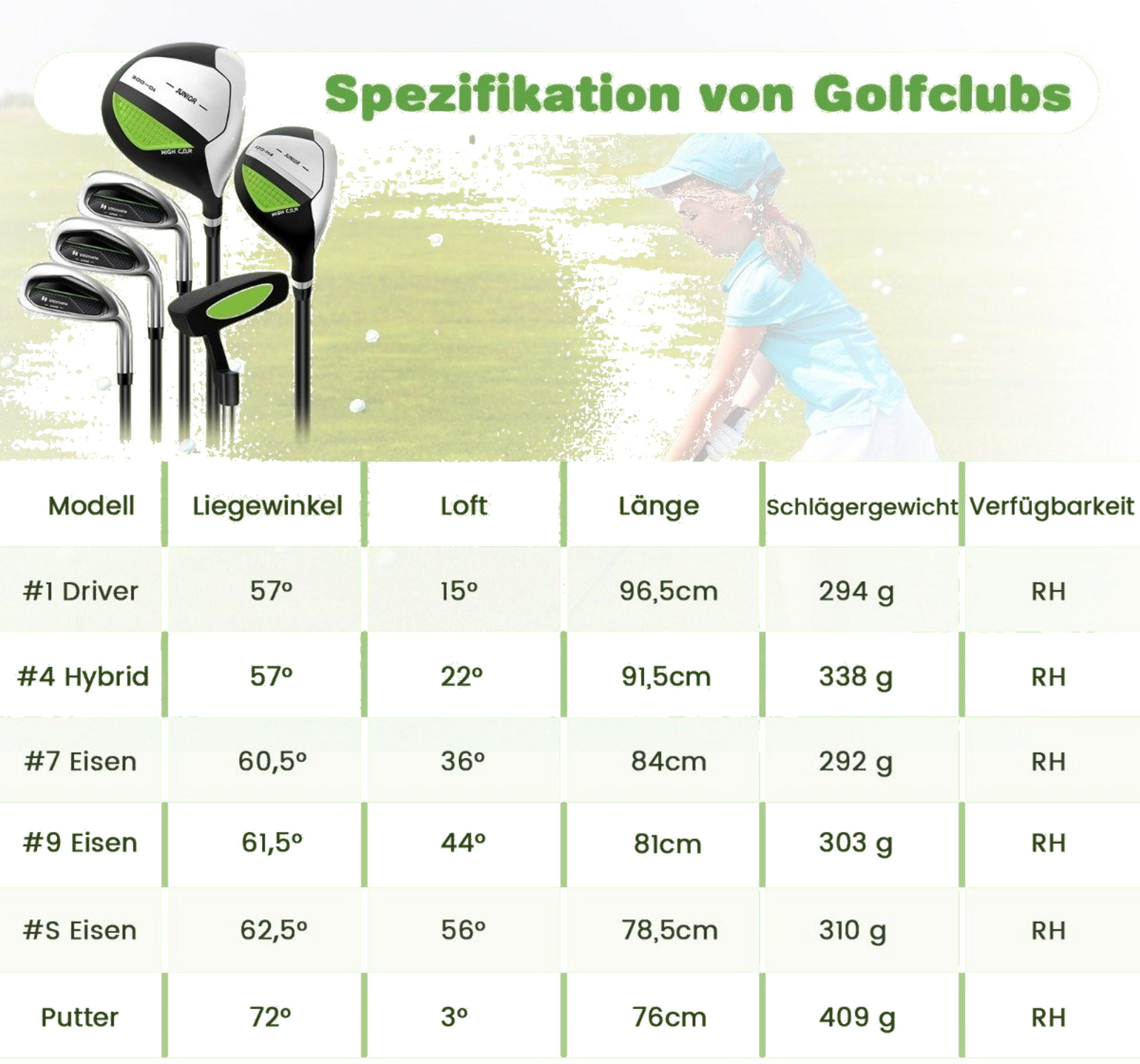 NORTHIX, 6-piece Children's Golf Club Set With Golf Bag And Rain Cover For Children Aged 11-13 Years Green