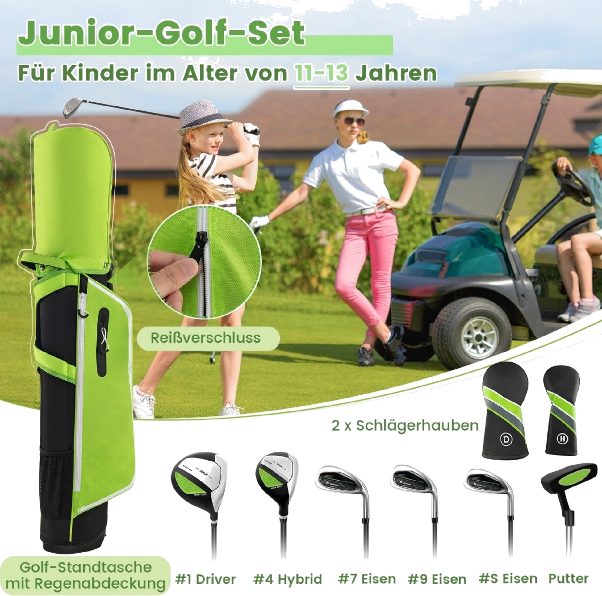 NORTHIX, 6-piece Children's Golf Club Set With Golf Bag And Rain Cover For Children Aged 11-13 Years Green
