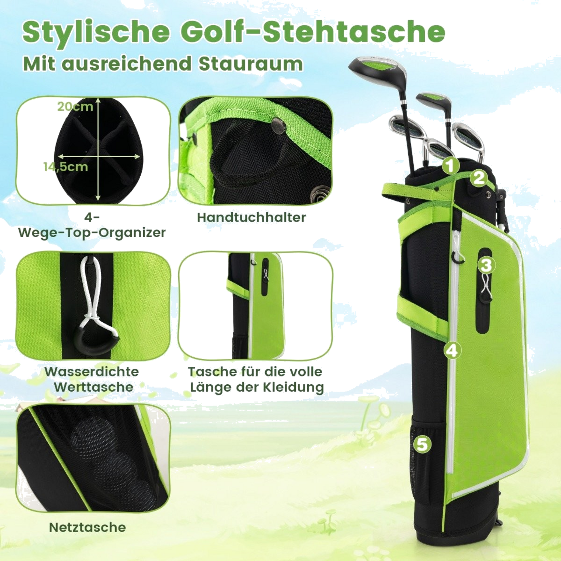 NORTHIX, 6-piece Children's Golf Club Set With Golf Bag And Rain Cover For Children Aged 11-13 Years Green