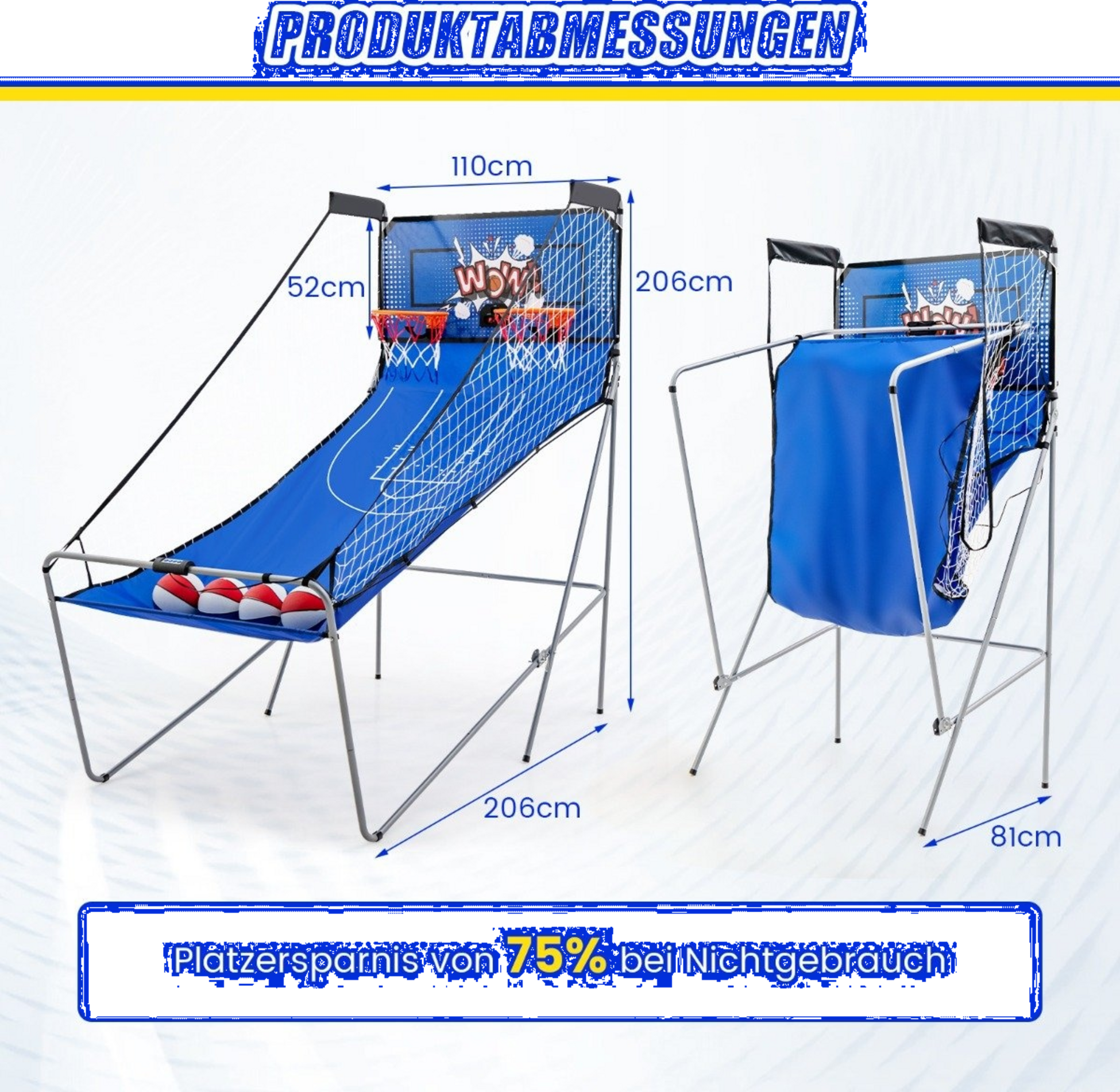 NORTHIX, 8 In 1 Basketball Machine With 4 Balls  Air Pump  8 Game Modes Arcade Basketball Games Dark Blue