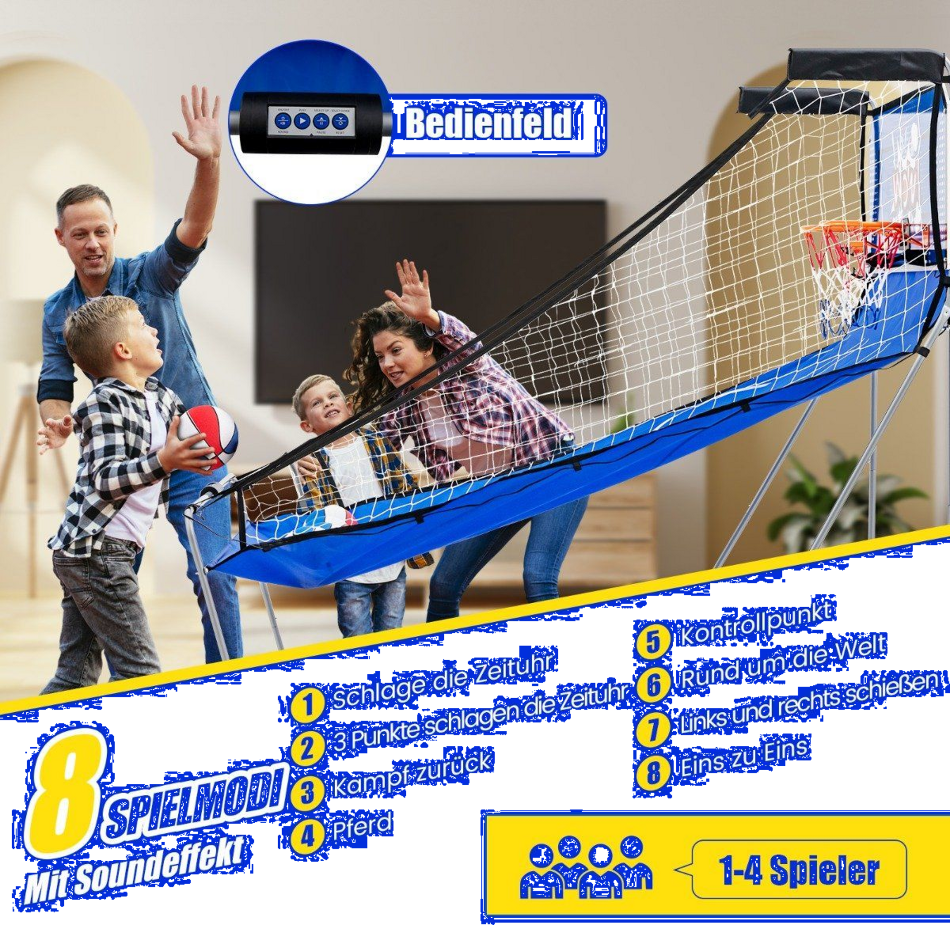 NORTHIX, 8 In 1 Basketball Machine With 4 Balls  Air Pump  8 Game Modes Arcade Basketball Games Dark Blue