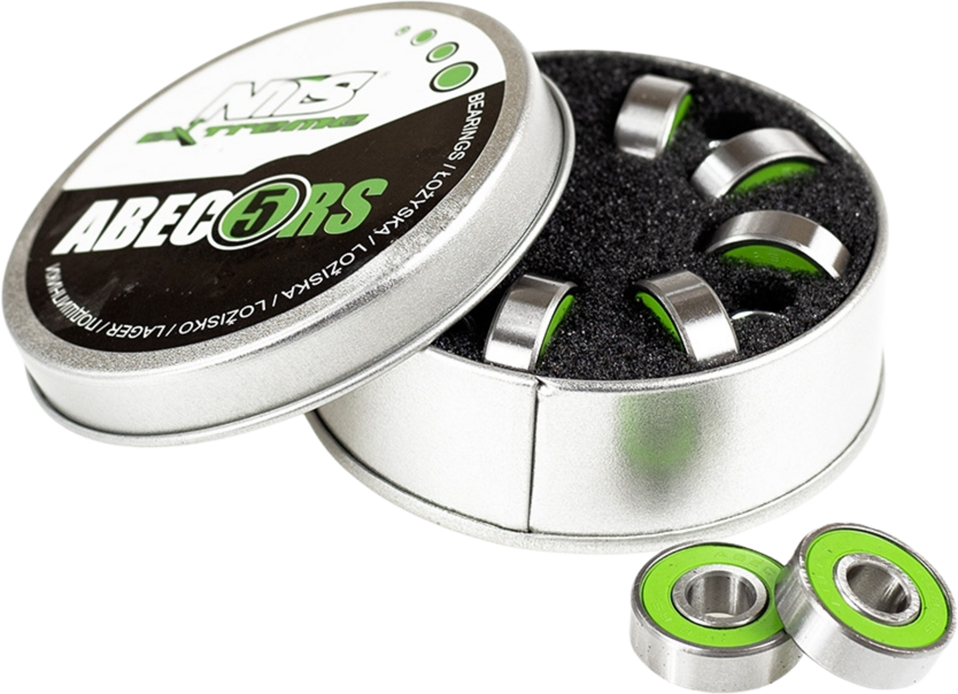 NORTHIX, Abec-5 Rs Green Carbon Bearings, 8-pack, Metal Case