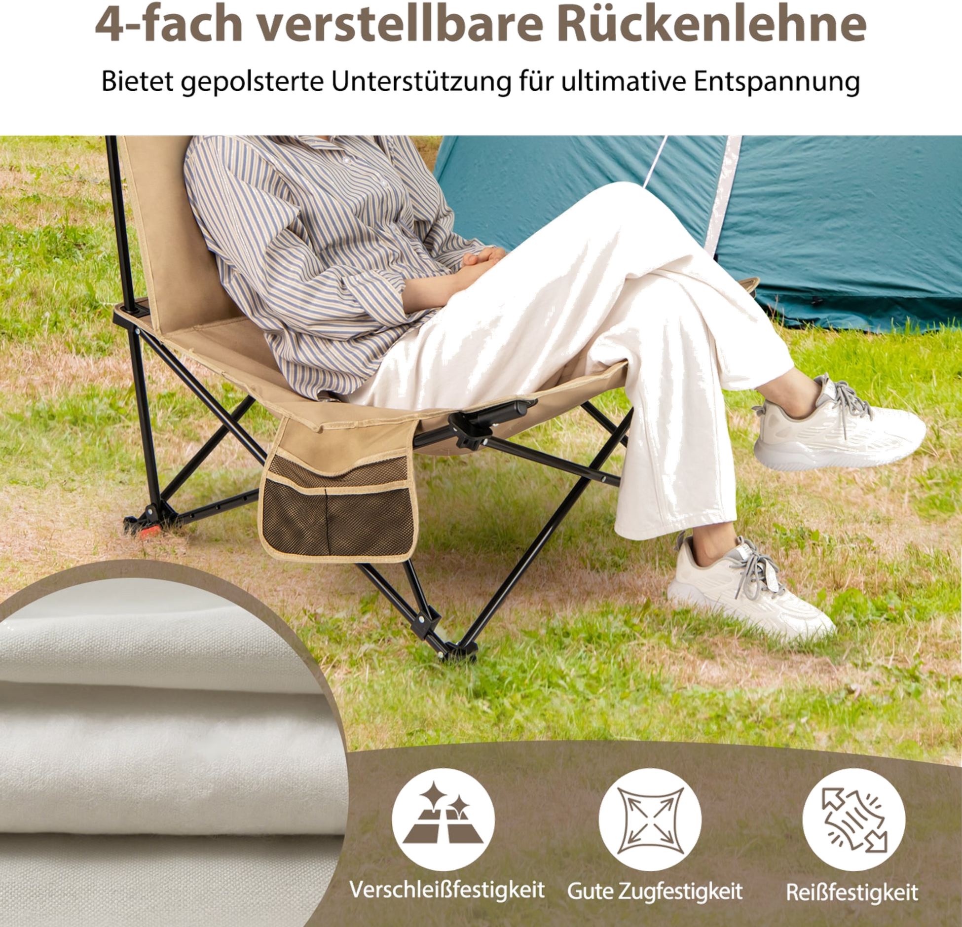 NORTHIX, Adjustable Reclining Camping Chair, 225kg Capacity, Khaki