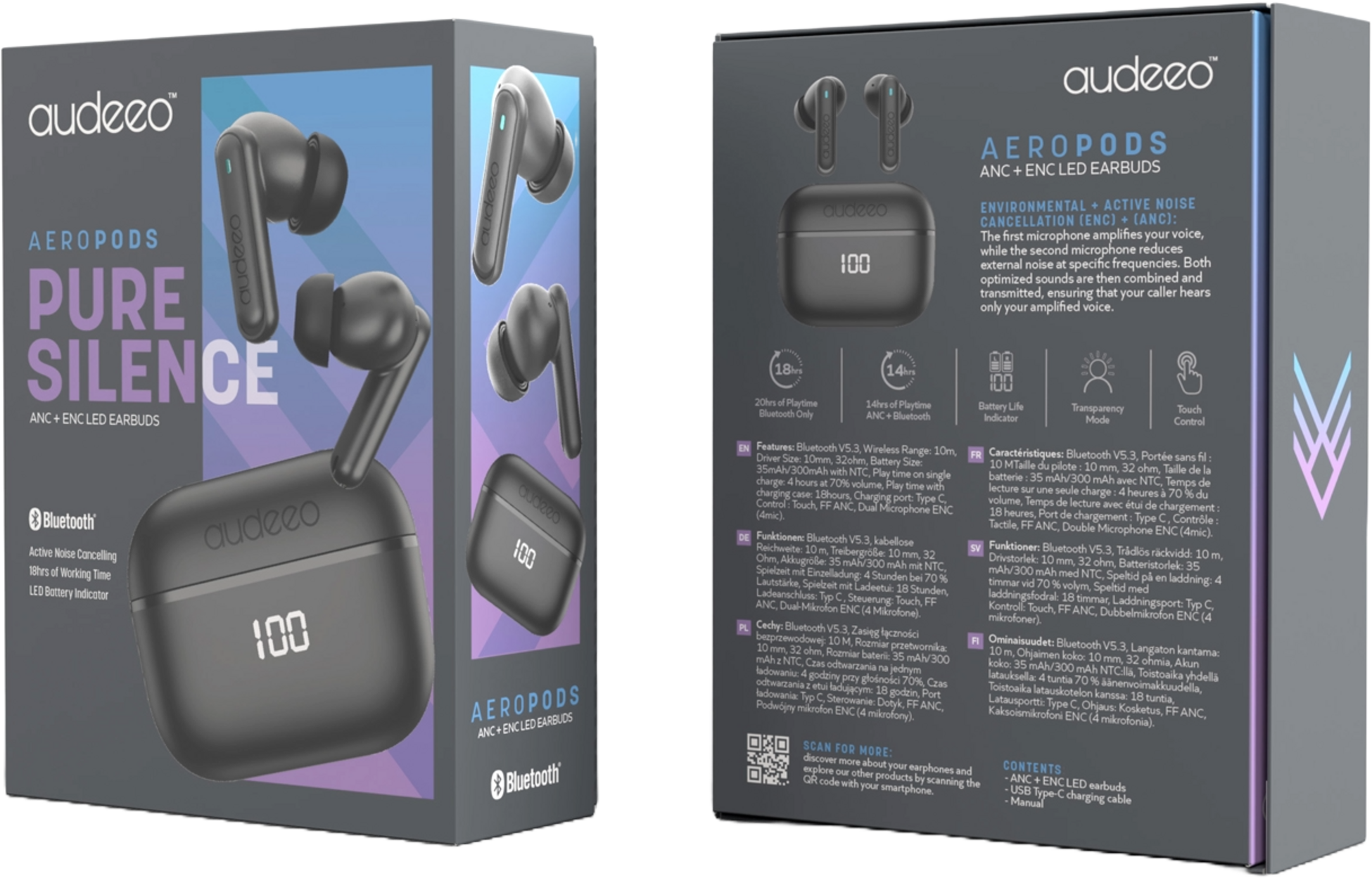 AUDEEO, Aeropods Anc + Enc Led Earbuds