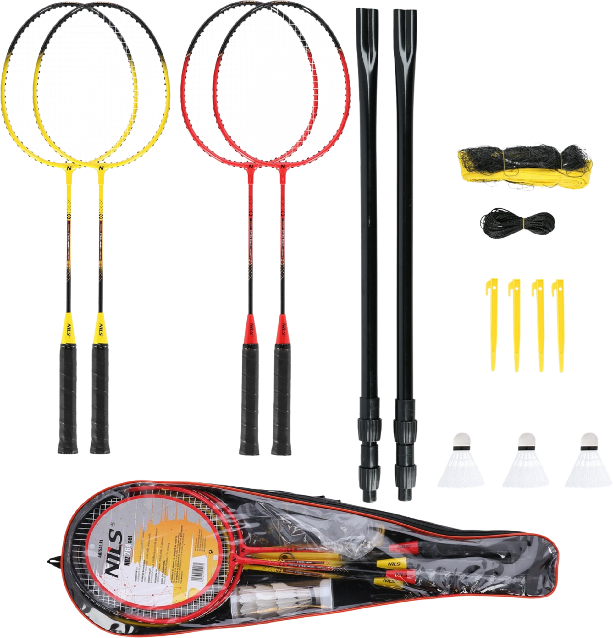 NORTHIX, Badminton Set &ndash; 4 Rackets, 3 Feather Shuttlecocks, Net