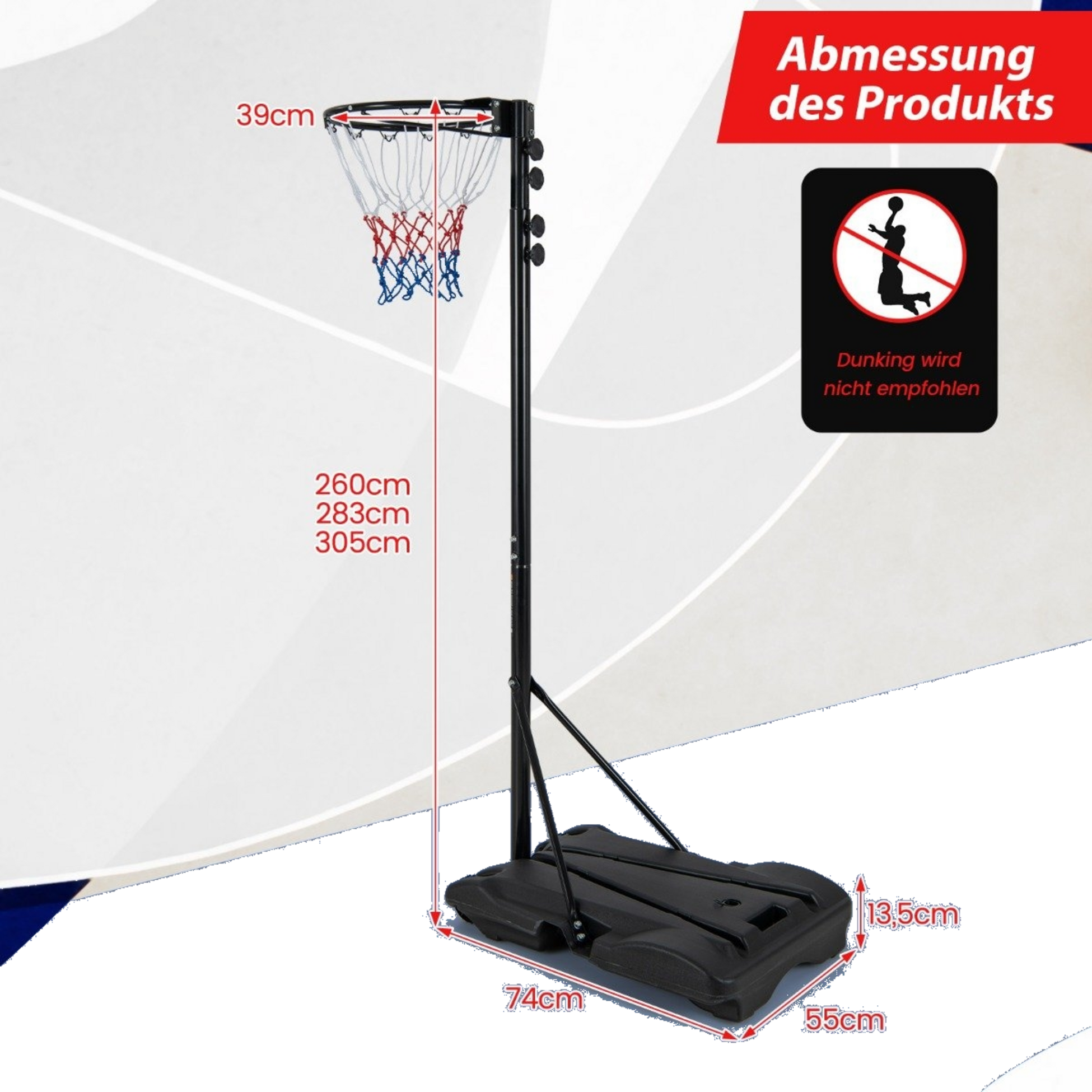 NORTHIX, Basketball Hoop Outdoor Portable Basketball Stand 260-305cm Height Adjustable Black