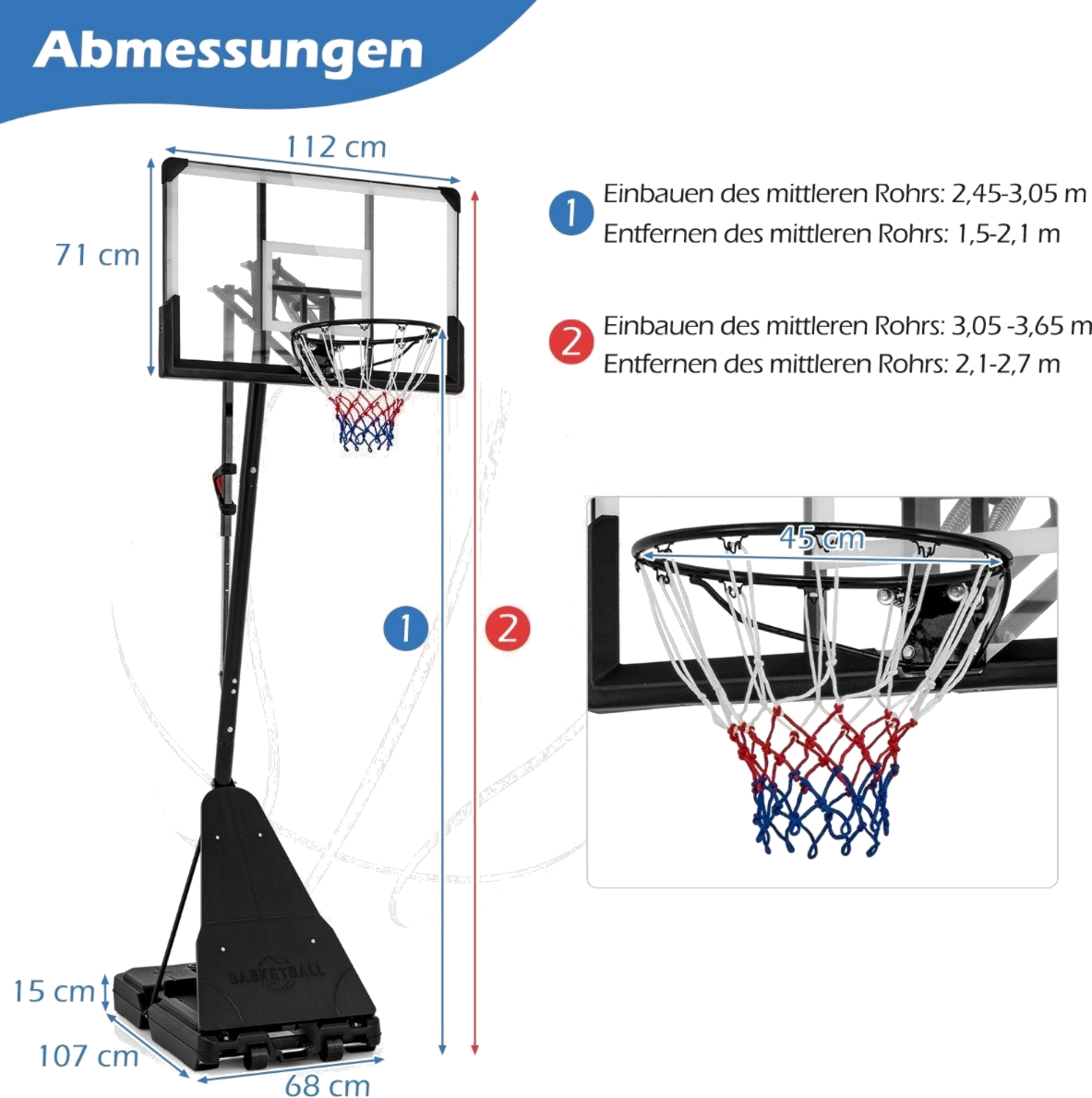 NORTHIX, Basketball Stand 150-305 Cm Height-adjustable Basketball Hoop Outdoor With Stand