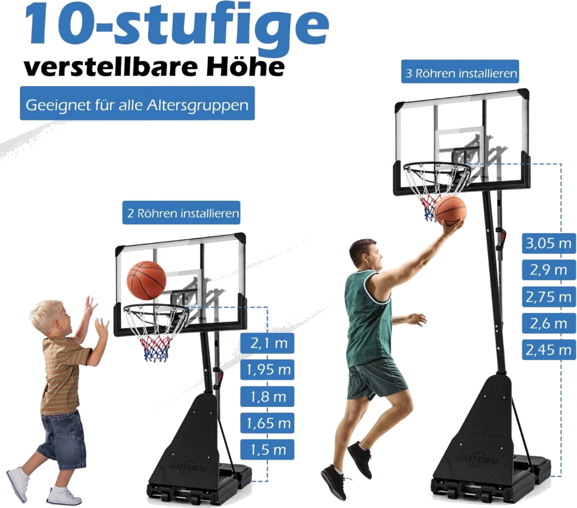 NORTHIX, Basketball Stand 150-305 Cm Height-adjustable Basketball Hoop Outdoor With Stand