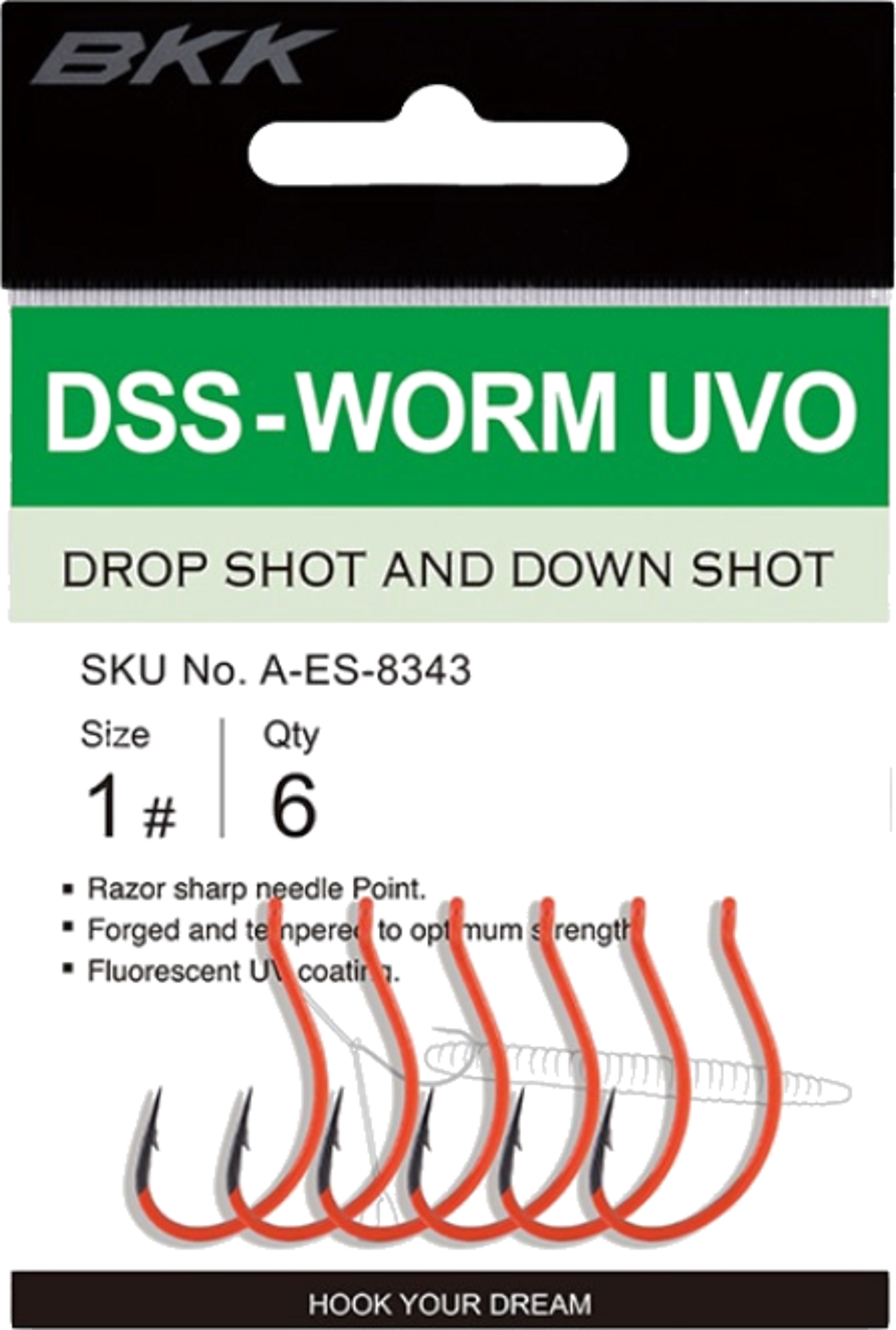 BKK, Bkk Dss-worm Uvo #1 Dropshot/rig Hook 6-pack