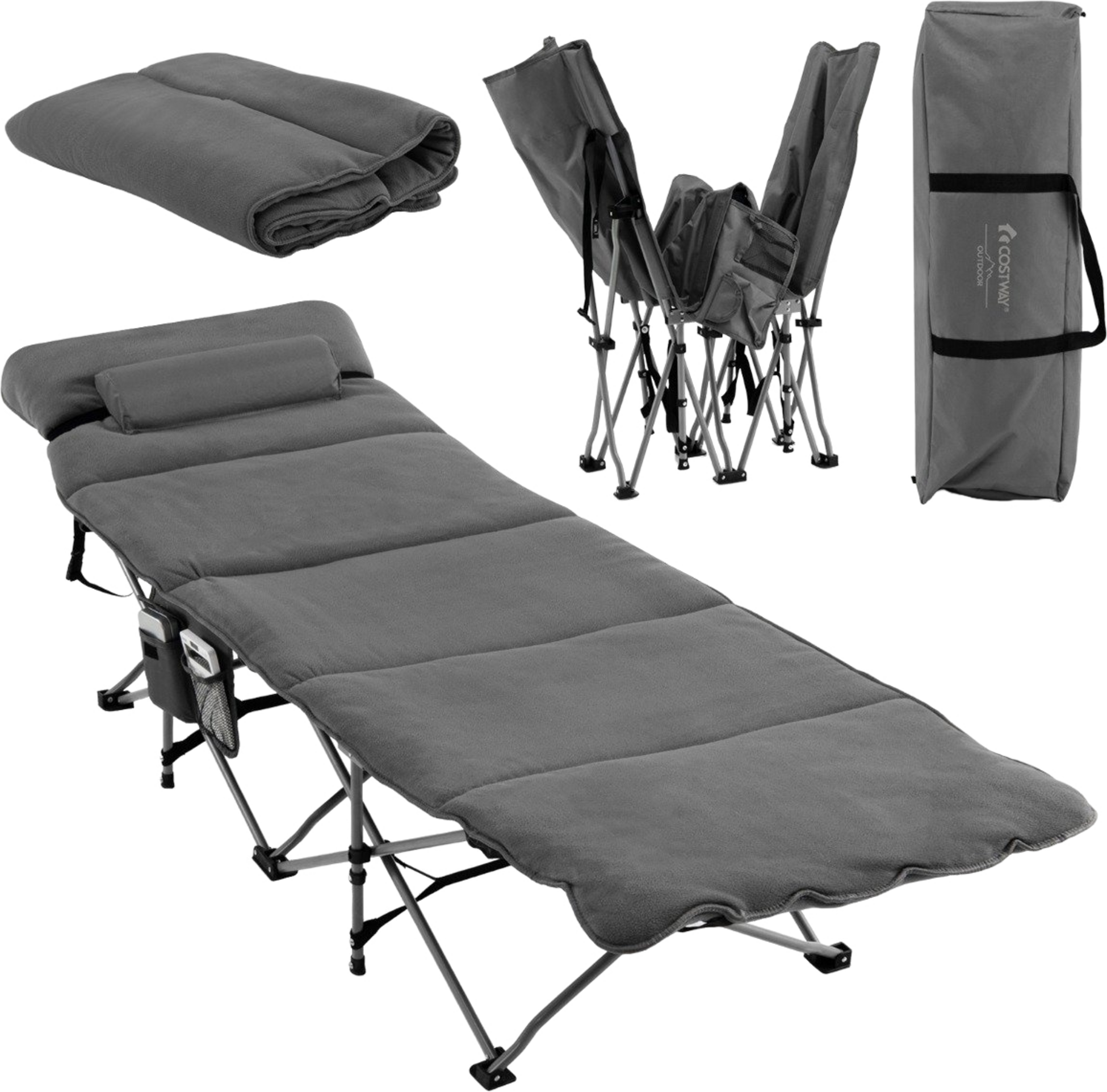 B2X, Camp Bed Folding Camping Bed With Mattress 185 Cm X 65 Cm X 41-53 Cm Gray