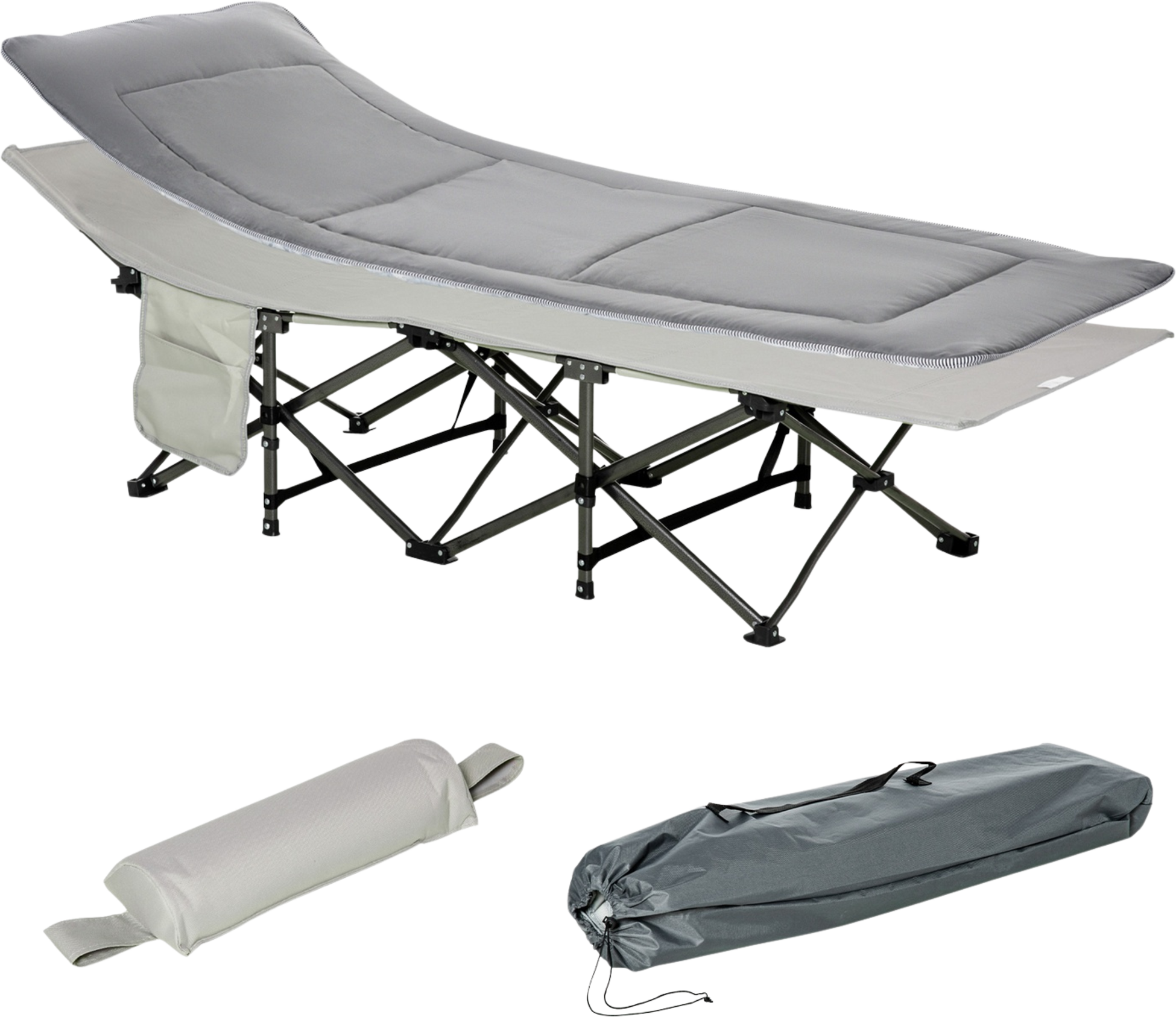 NORTHIX, Camping Bed, Camp Bed, Folding Bed With Pillow, Side Pocket, Mattress, Light Gray, Up To 150kg