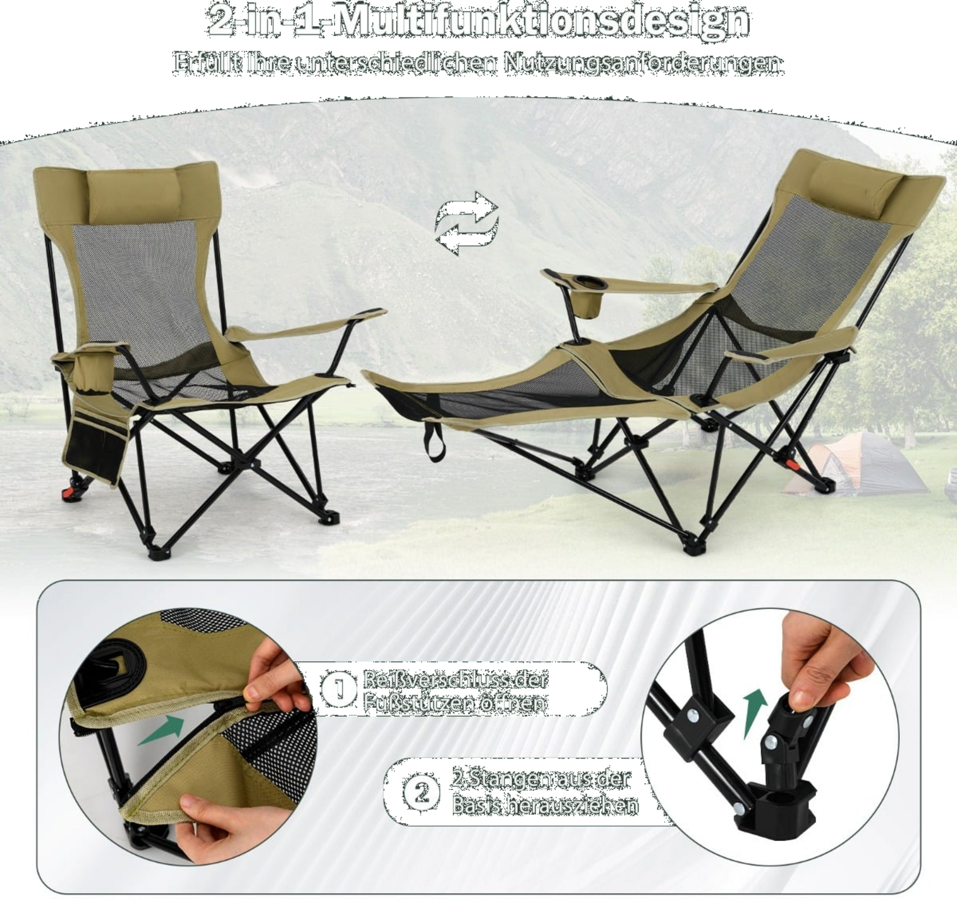 NORTHIX, Camping Chair With Adjustable Footrest  Backrest, Khaki