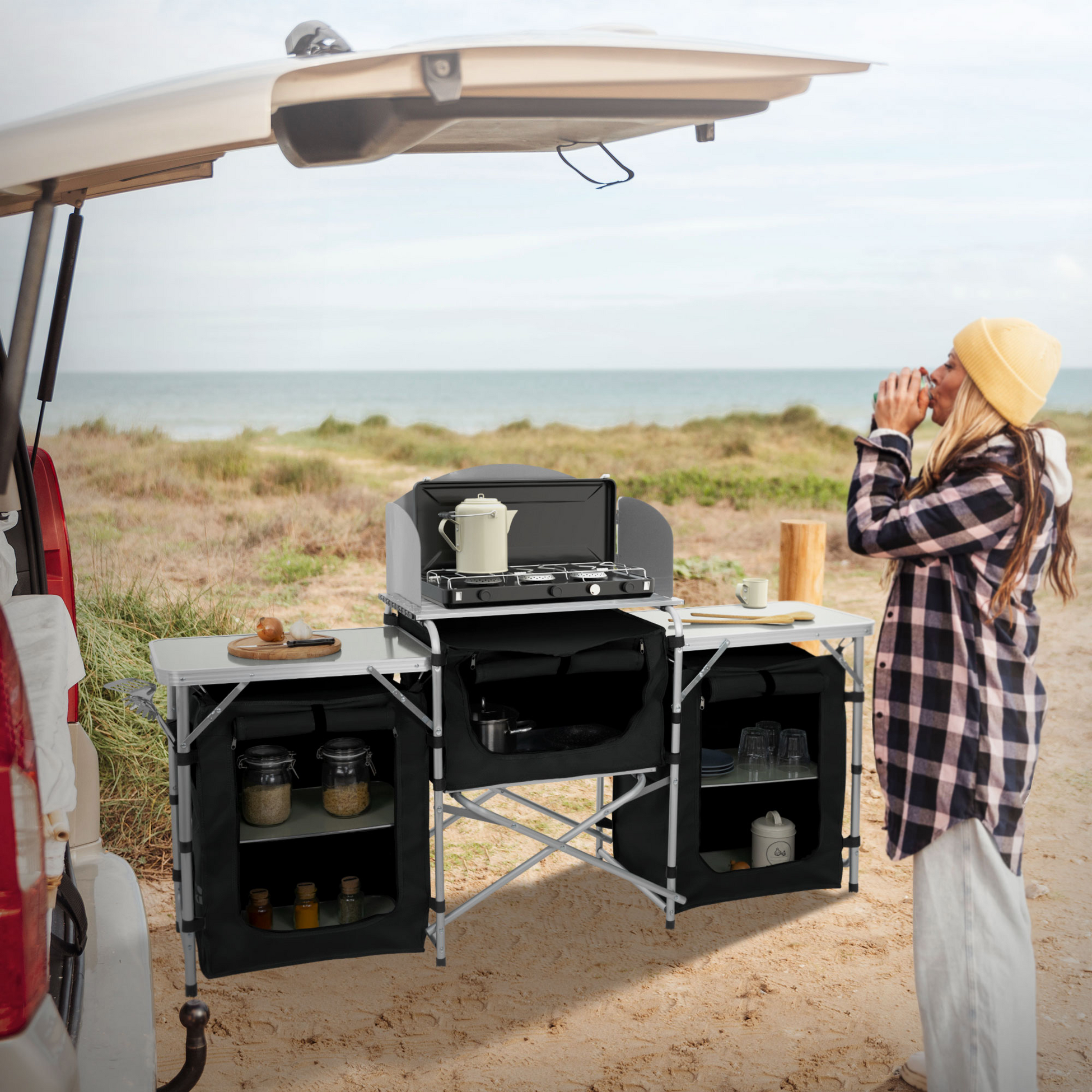 HAUKI, Campingkök Hopfällbart Med Bärväska Svart Aluminium Inkl. Bänkskiva Hauki