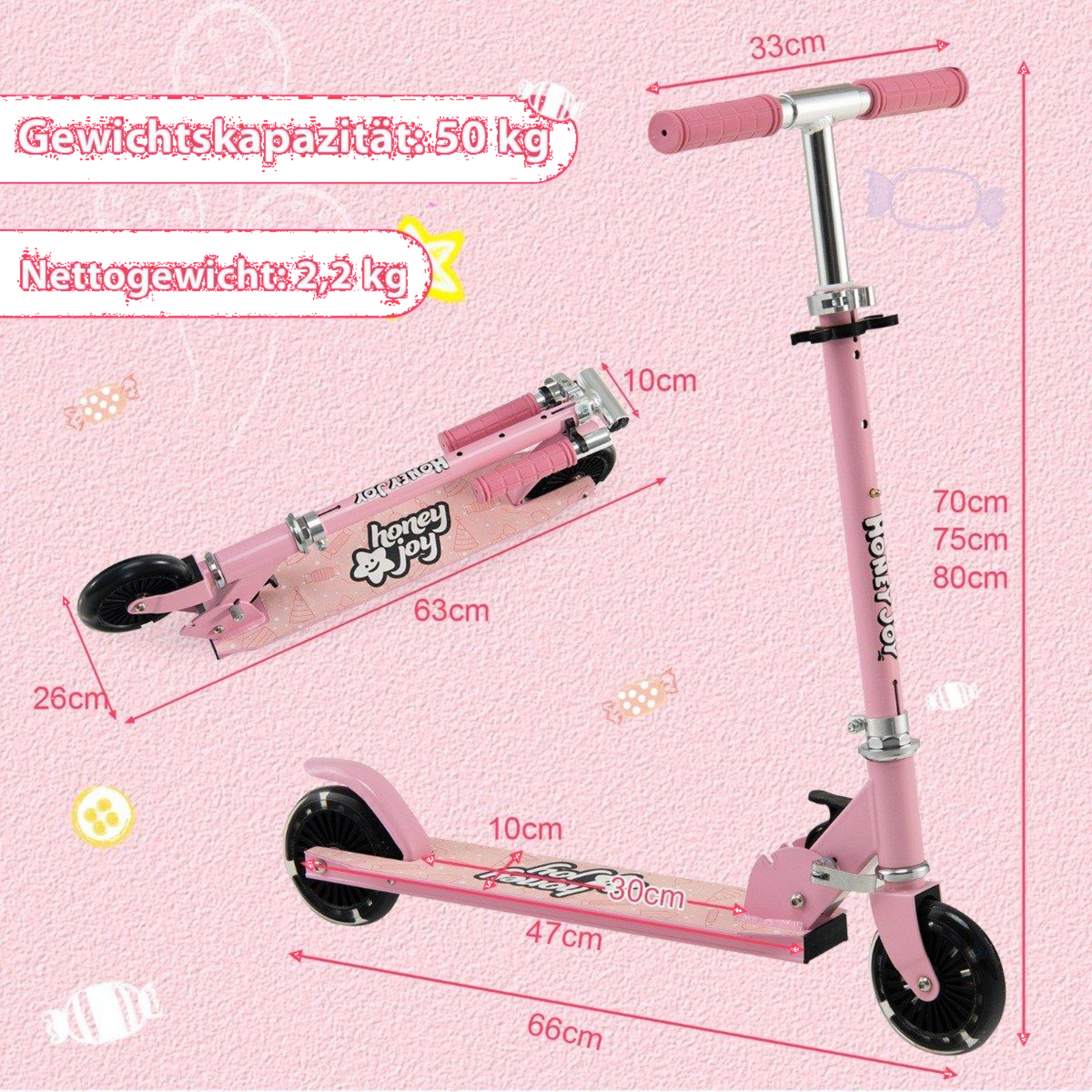 B2X, Children's Scooter 2 Wheel Kick Scooter With Flashing Wheels Stand And Cruise Toddler Toy Pink