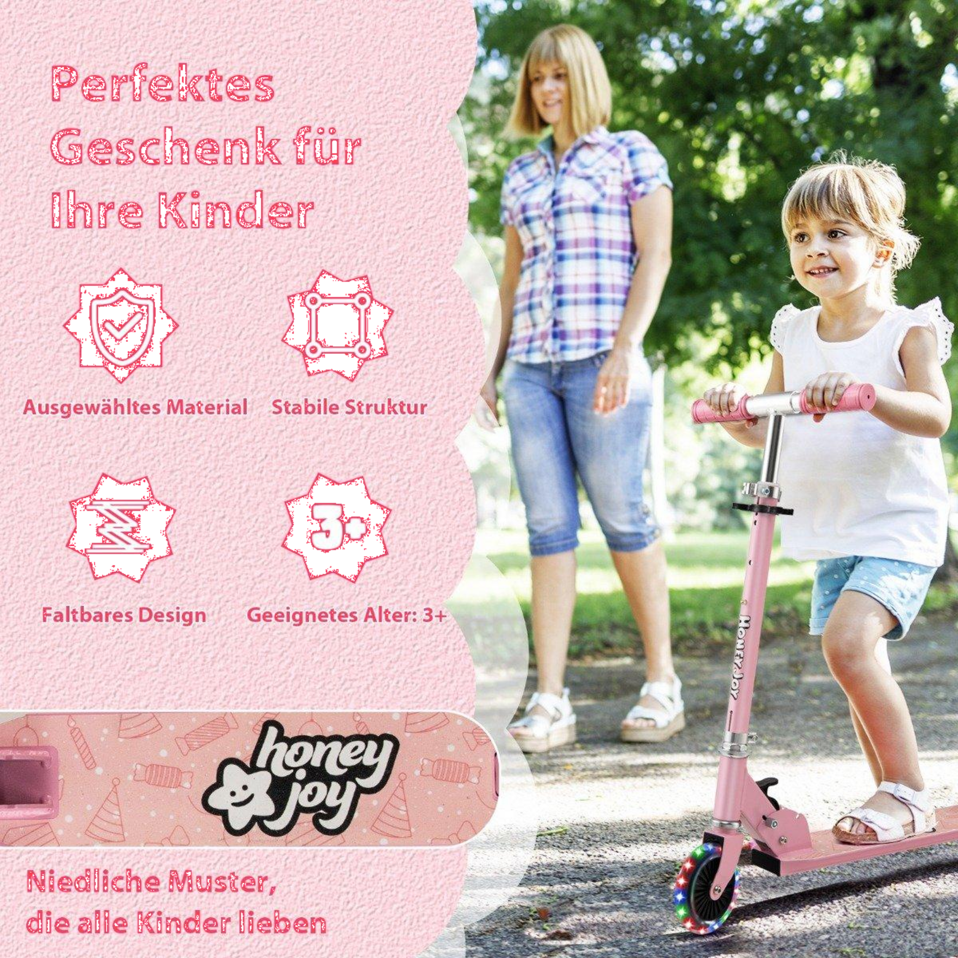 B2X, Children's Scooter 2 Wheel Kick Scooter With Flashing Wheels Stand And Cruise Toddler Toy Pink