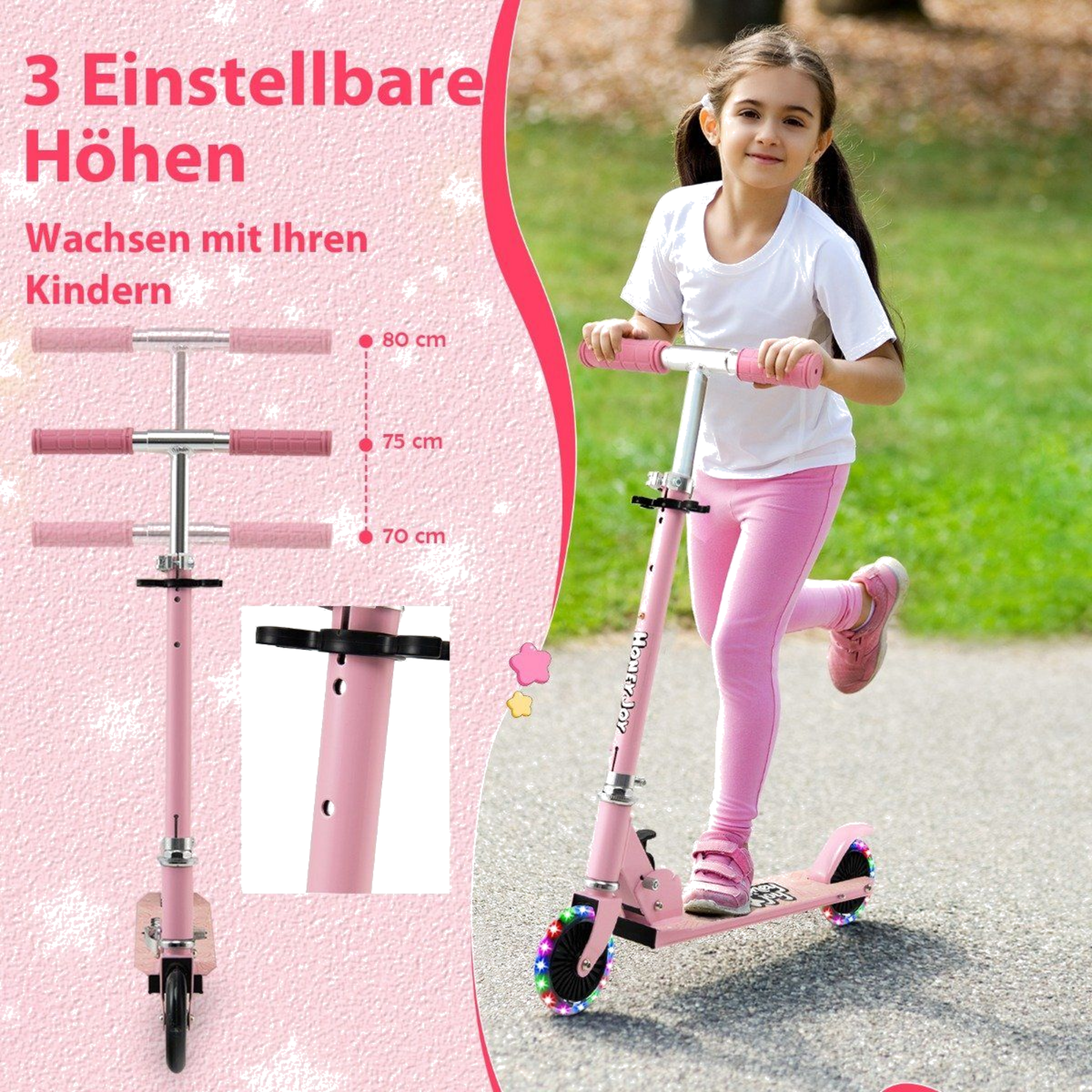 B2X, Children's Scooter 2 Wheel Kick Scooter With Flashing Wheels Stand And Cruise Toddler Toy Pink