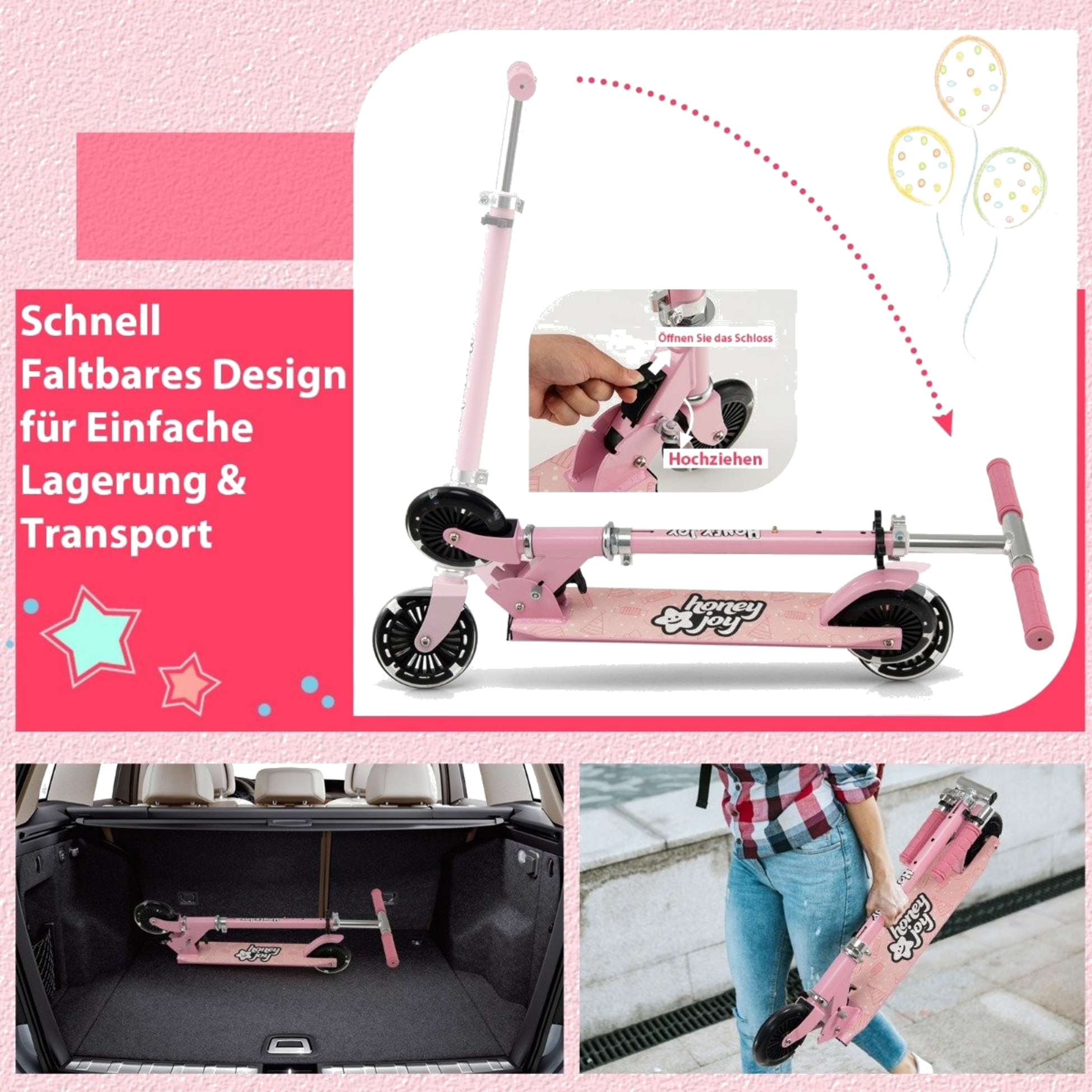 B2X, Children's Scooter 2 Wheel Kick Scooter With Flashing Wheels Stand And Cruise Toddler Toy Pink
