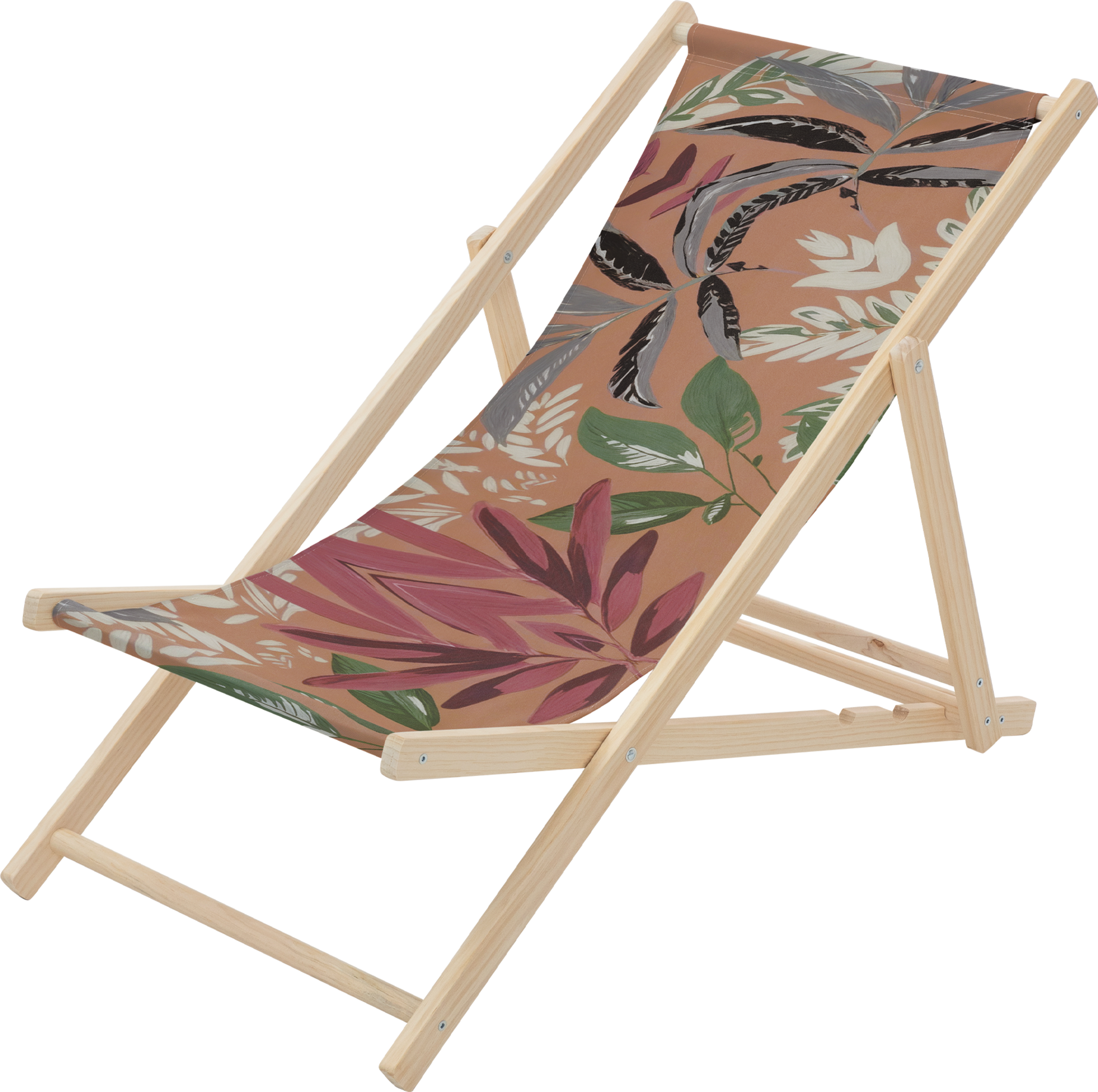 ECD GERMANY, Ecd Germany Folding Deck Chair Floral Brown Red Green, Sunbed Wooden Beach Lounger With 3 Position