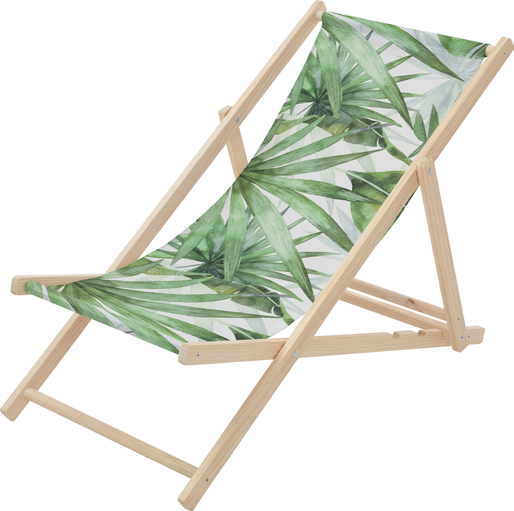 ECD GERMANY, Ecd Germany Folding Deck Chair Palm Tree Green And White, Sunbed Wooden Lounger With 3 Position