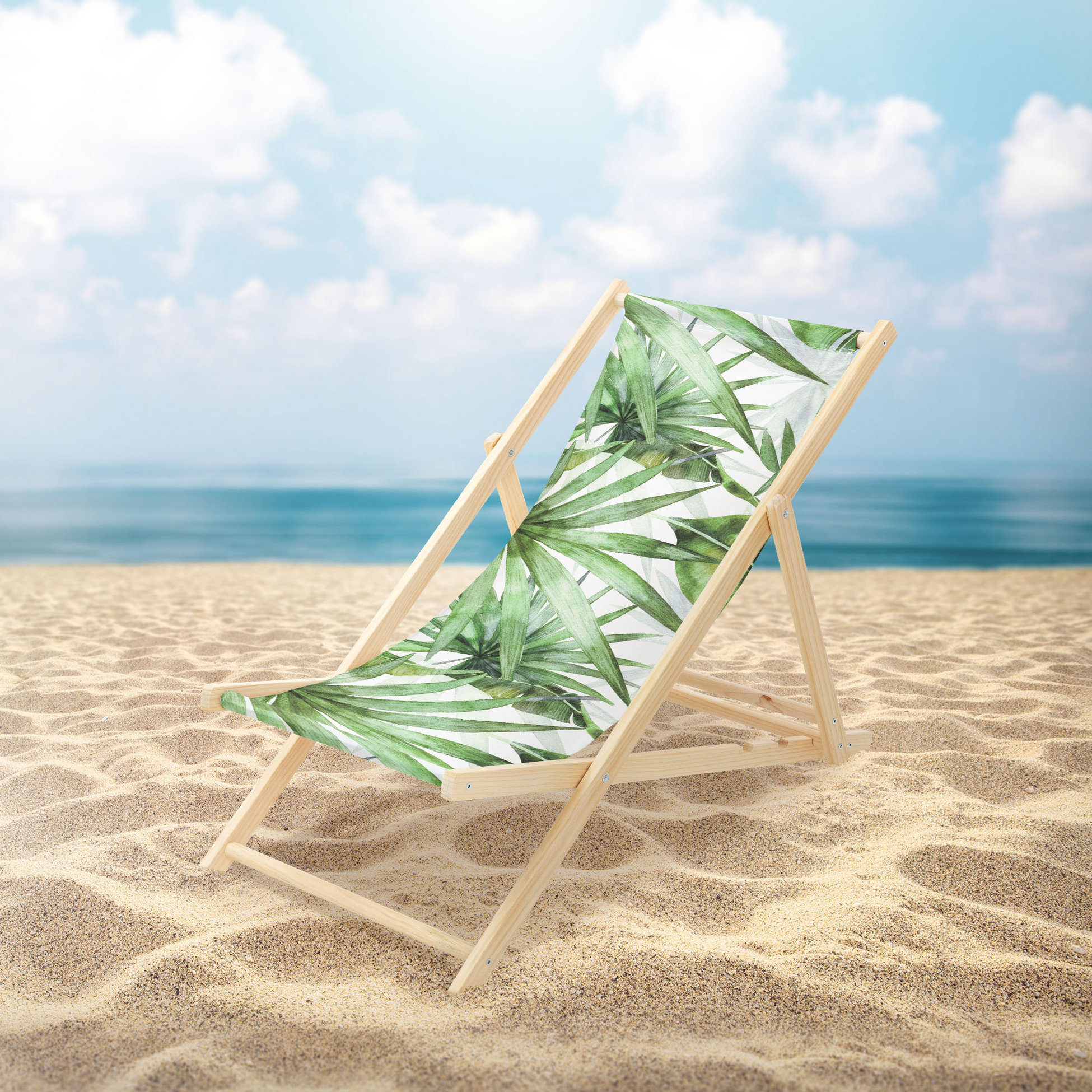 ECD GERMANY, Ecd Germany Folding Deck Chair Palm Tree Green And White, Sunbed Wooden Lounger With 3 Position