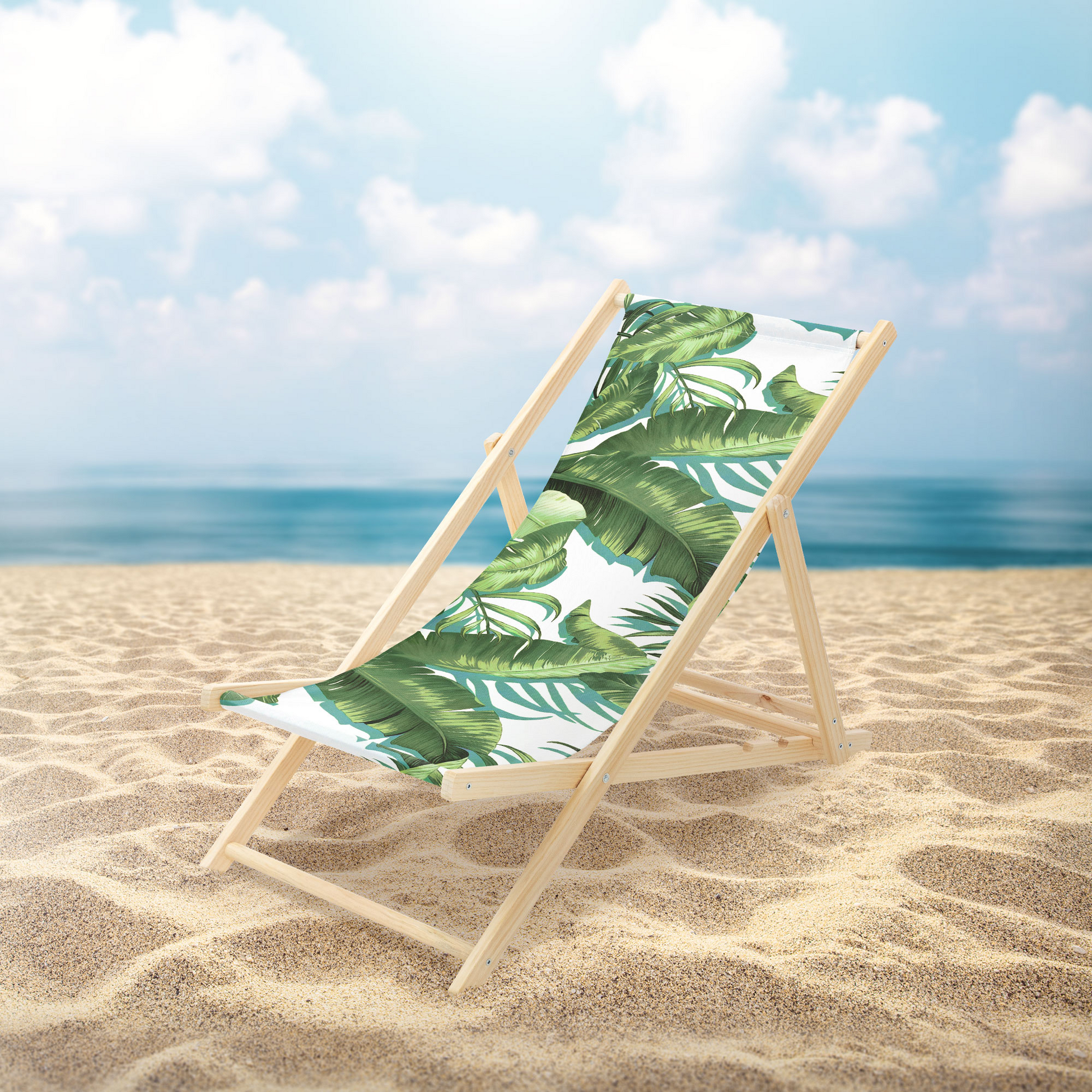 ECD GERMANY, Ecd Germany Folding Deck Chair Tropical Green And White, Sunbed Wooden Beach Lounger With 3 Position
