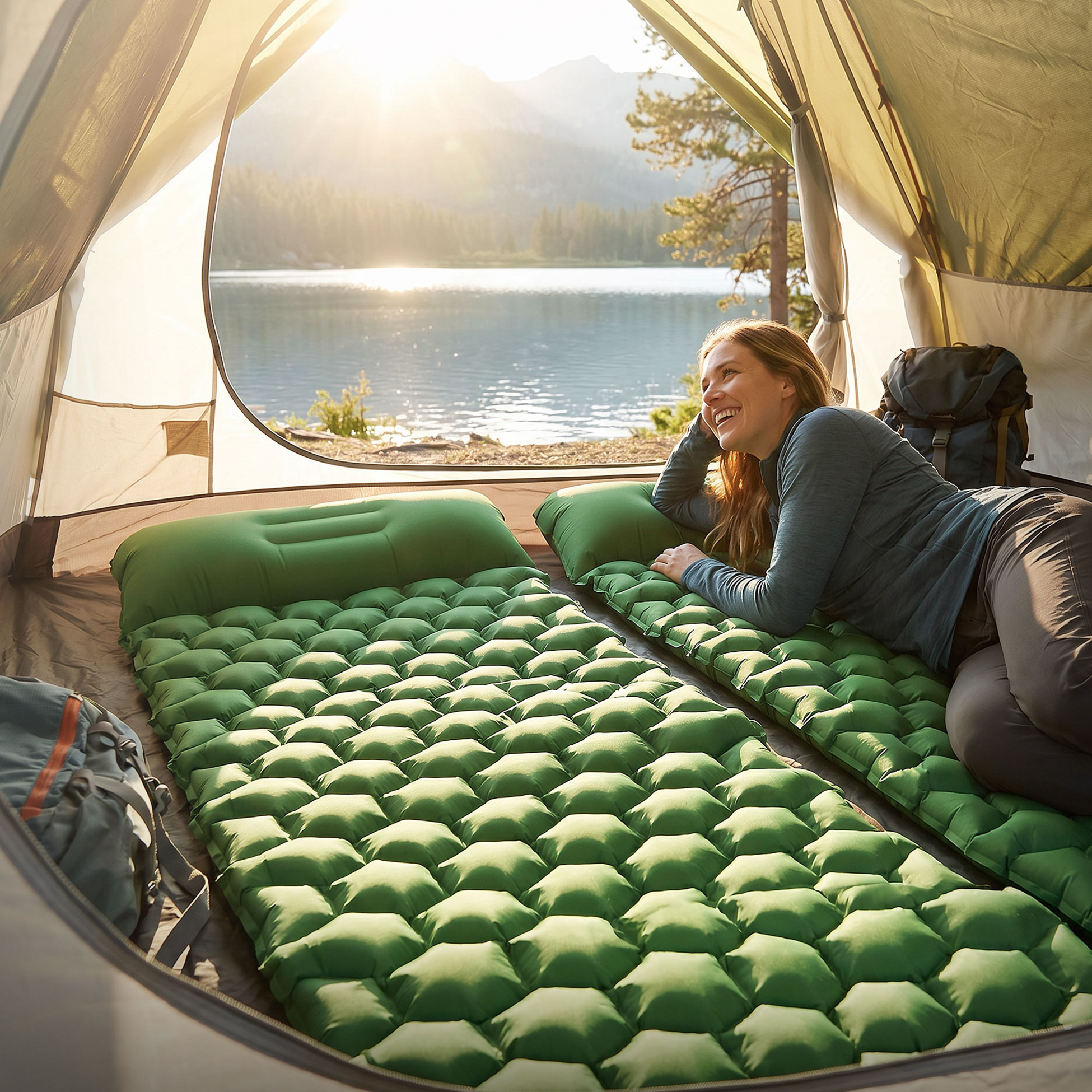 ECD GERMANY, Ecd Germany Inflatable Camping Mattress, Green Sleeping Pad, Built In Pillow For Hiking Travel