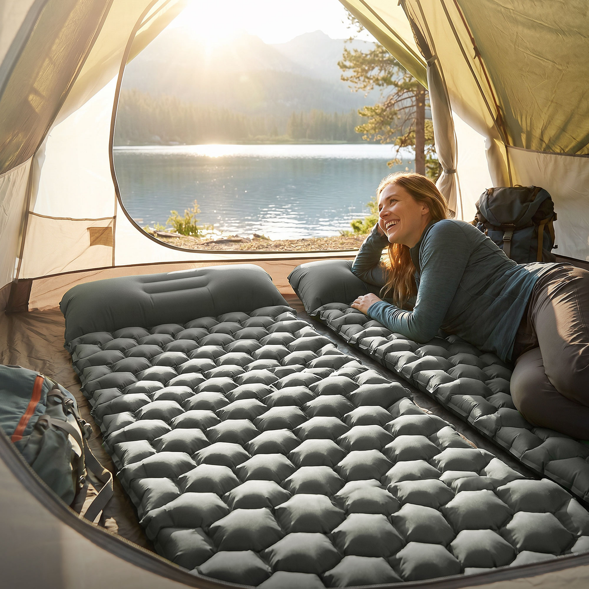 ECD GERMANY, Ecd Germany Inflatable Camping Mattress, Grey Sleeping Pad, Built In Pillow For Hiking Travel