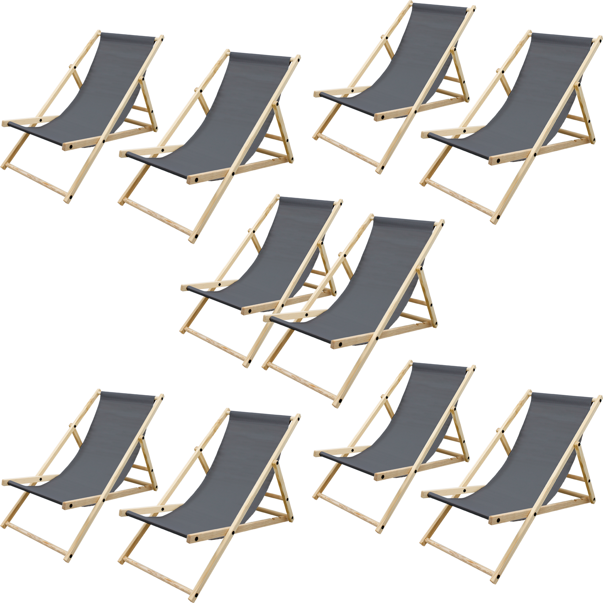 ECD GERMANY, Ecd Germany Set Of 10 Foldable Wooden Deck Chair Garden Sun Lounger Anthracite Reclining