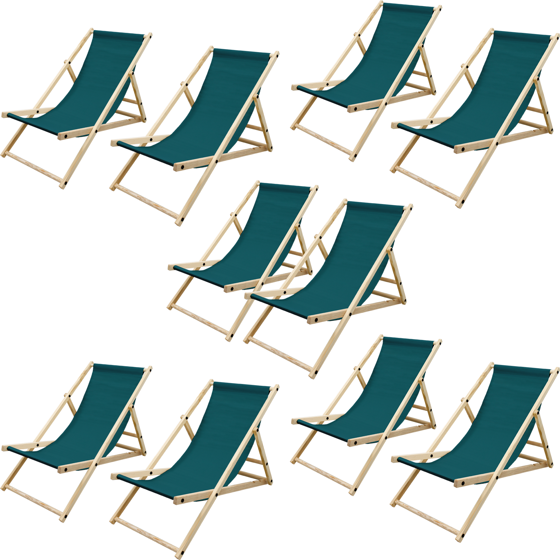 ECD GERMANY, Ecd Germany Set Of 10 Foldable Wooden Deck Chair Garden Sun Lounger Dark Green Reclining