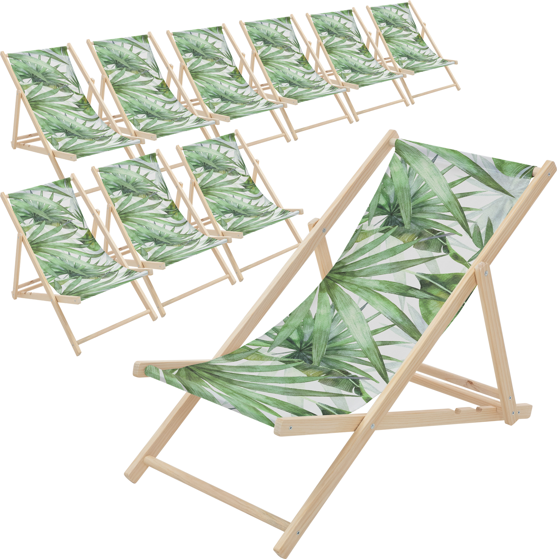 ECD GERMANY, Ecd Germany Set Of 10 Folding Deck Chair Palm Tree Green And White, Sunbed Wooden Beach Lounger