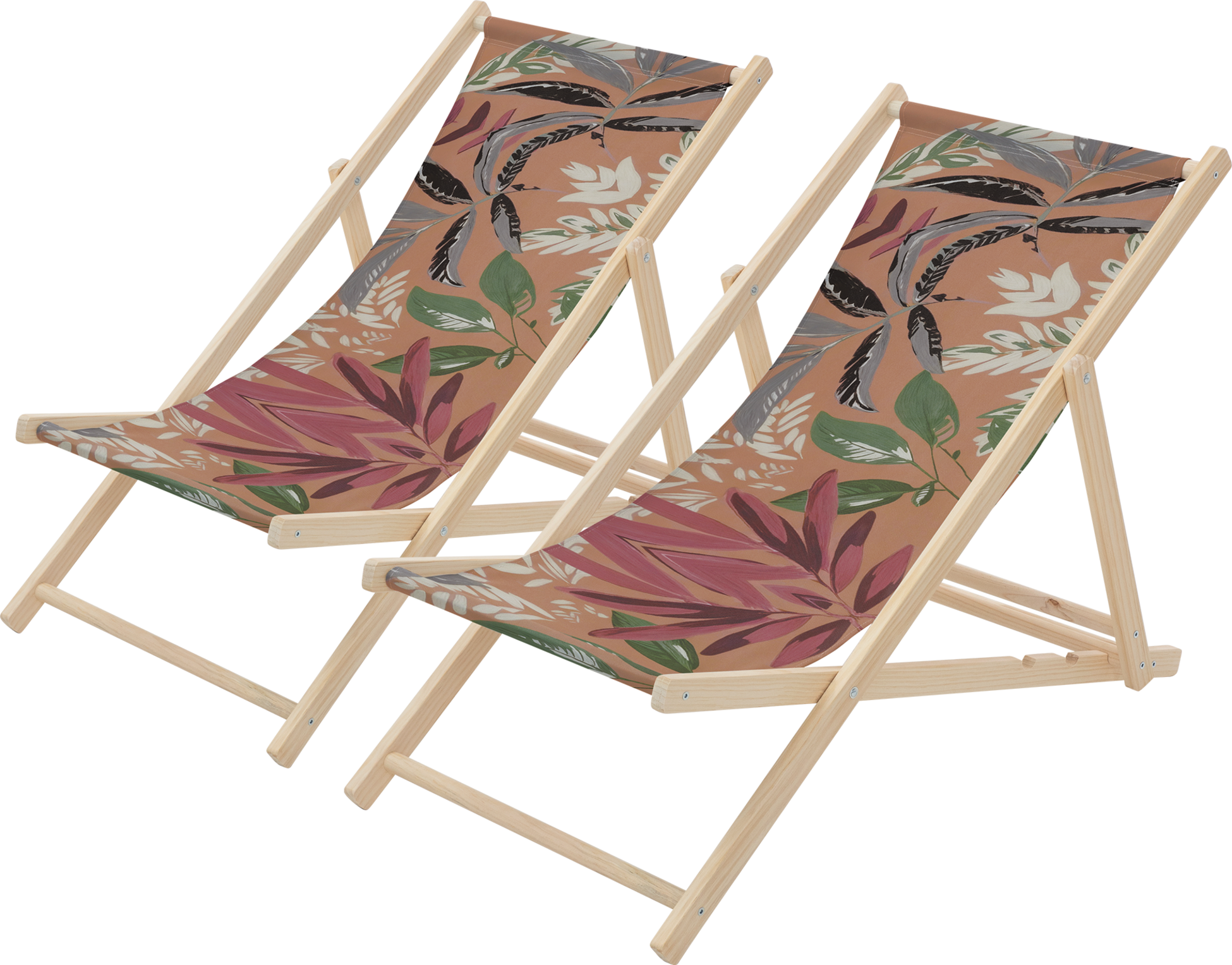 ECD GERMANY, Ecd Germany Set Of 2 Folding Deck Chair Floral Brown Red Green, Sunbed Wooden Beach Lounger