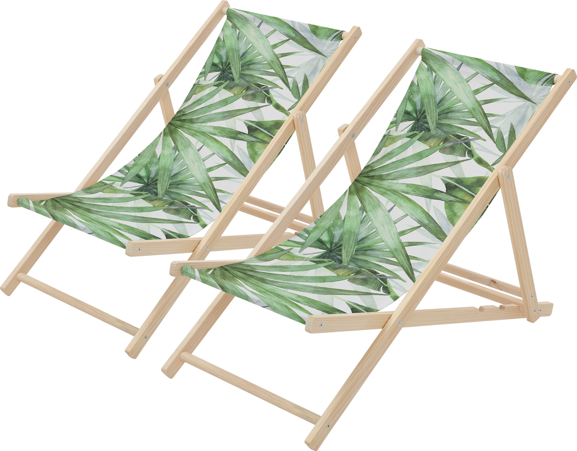ECD GERMANY, Ecd Germany Set Of 2 Folding Deck Chair Palm Tree Green And White, Sunbed Wooden Beach Lounger