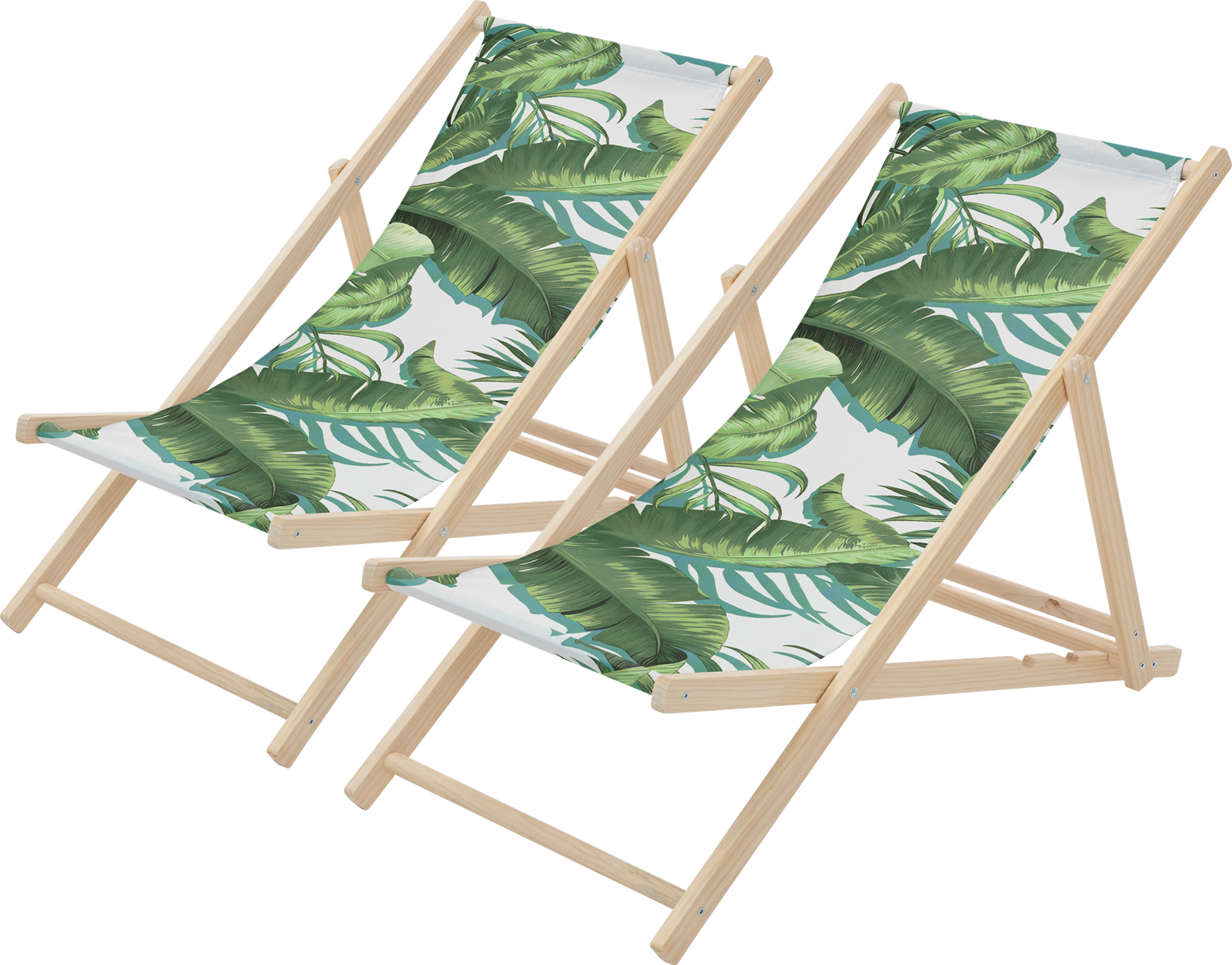 ECD GERMANY, Ecd Germany Set Of 2 Folding Deck Chair Tropical Green And White, Sunbed Wooden Beach Lounger