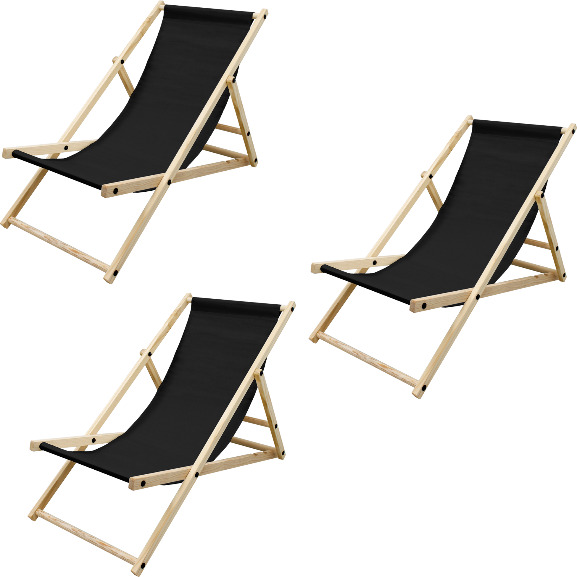 ECD GERMANY, Ecd Germany Set Of 3 Foldable Wooden Deck Chair Garden Sun Lounger Black Reclining