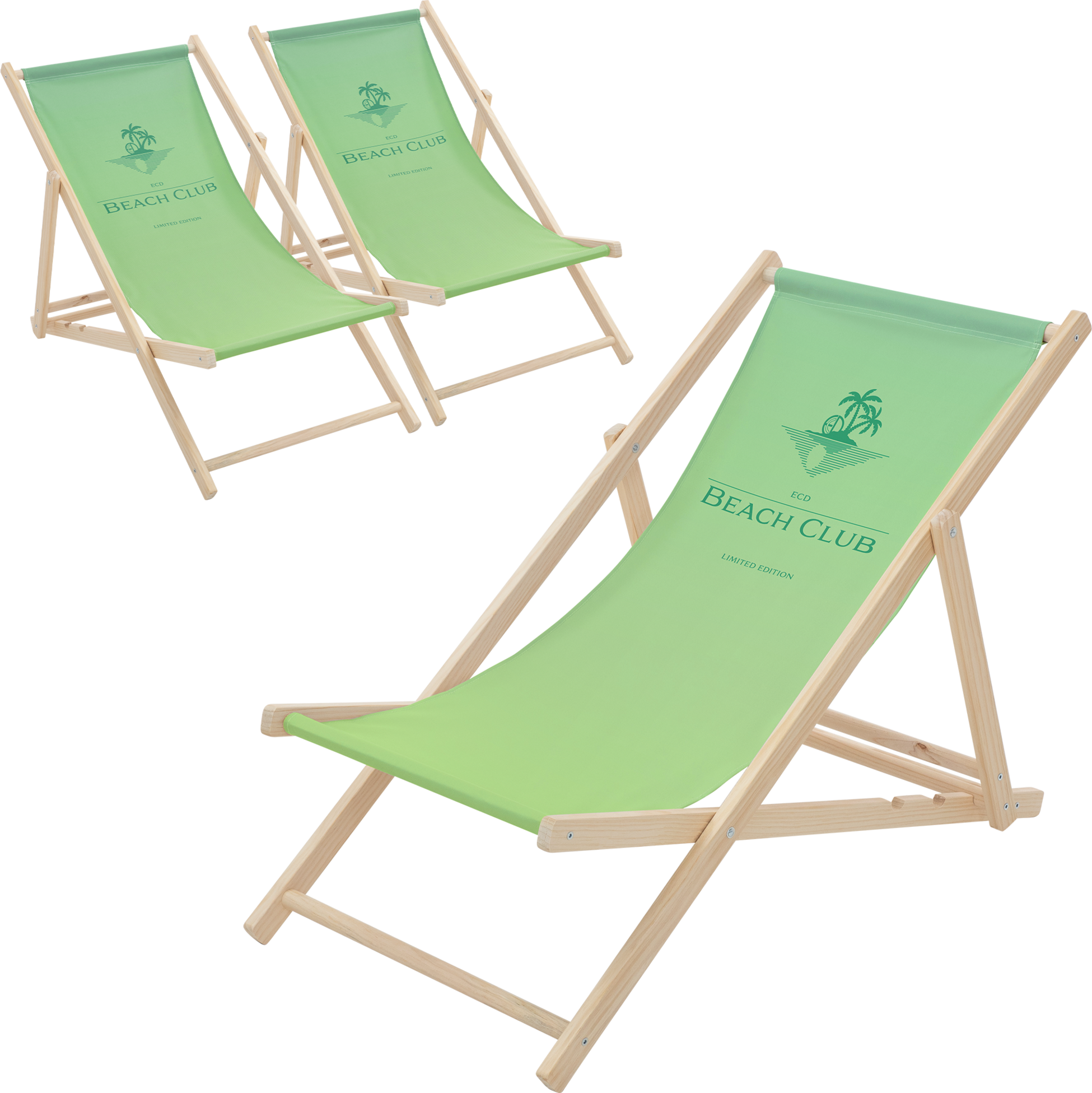 ECD GERMANY, Ecd Germany Set Of 3 Folding Deck Chair Beach Club Green,sunbed Wooden Beach Lounger With 3 Position