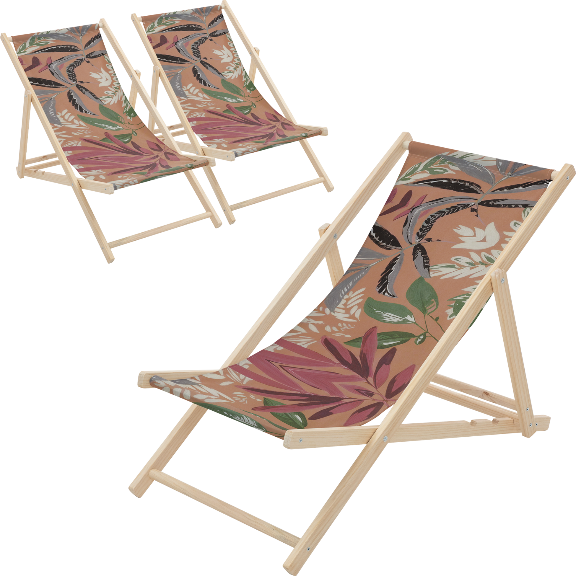 ECD GERMANY, Ecd Germany Set Of 3 Folding Deck Chair Floral Brown Red Green, Sunbed Wooden Beach Lounger
