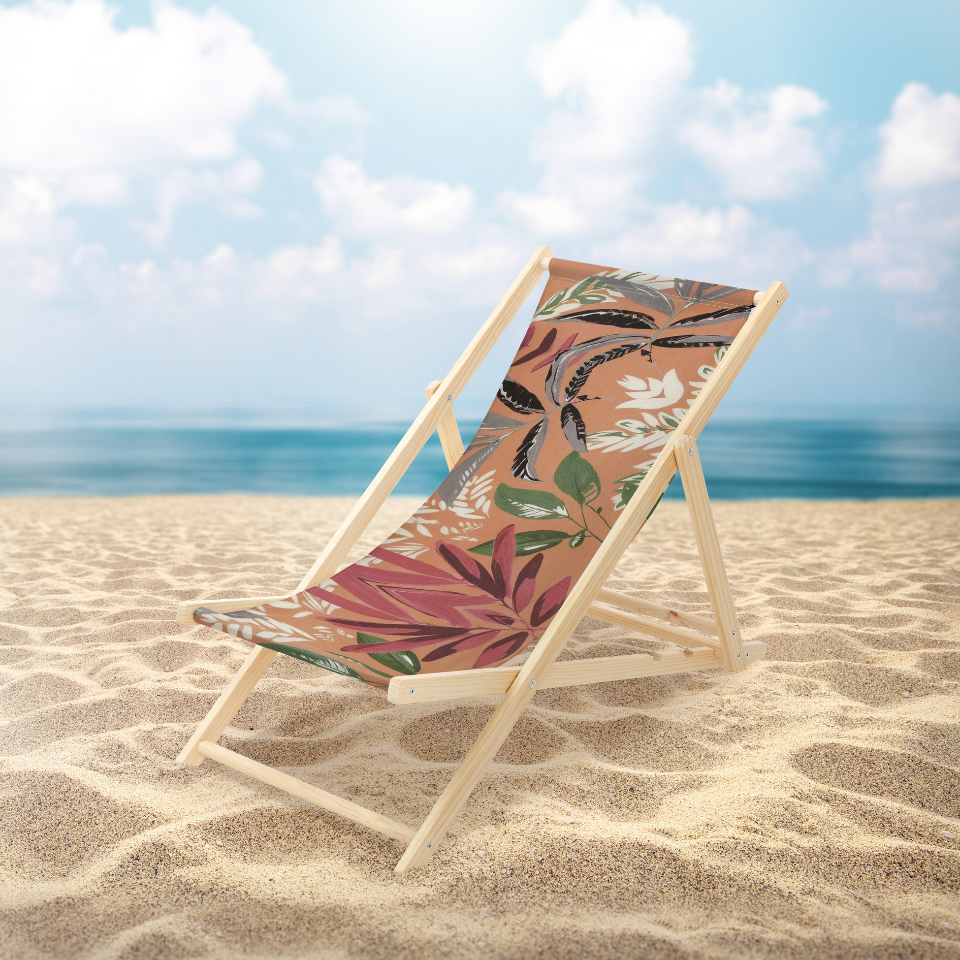 ECD GERMANY, Ecd Germany Set Of 3 Folding Deck Chair Floral Brown Red Green, Sunbed Wooden Beach Lounger