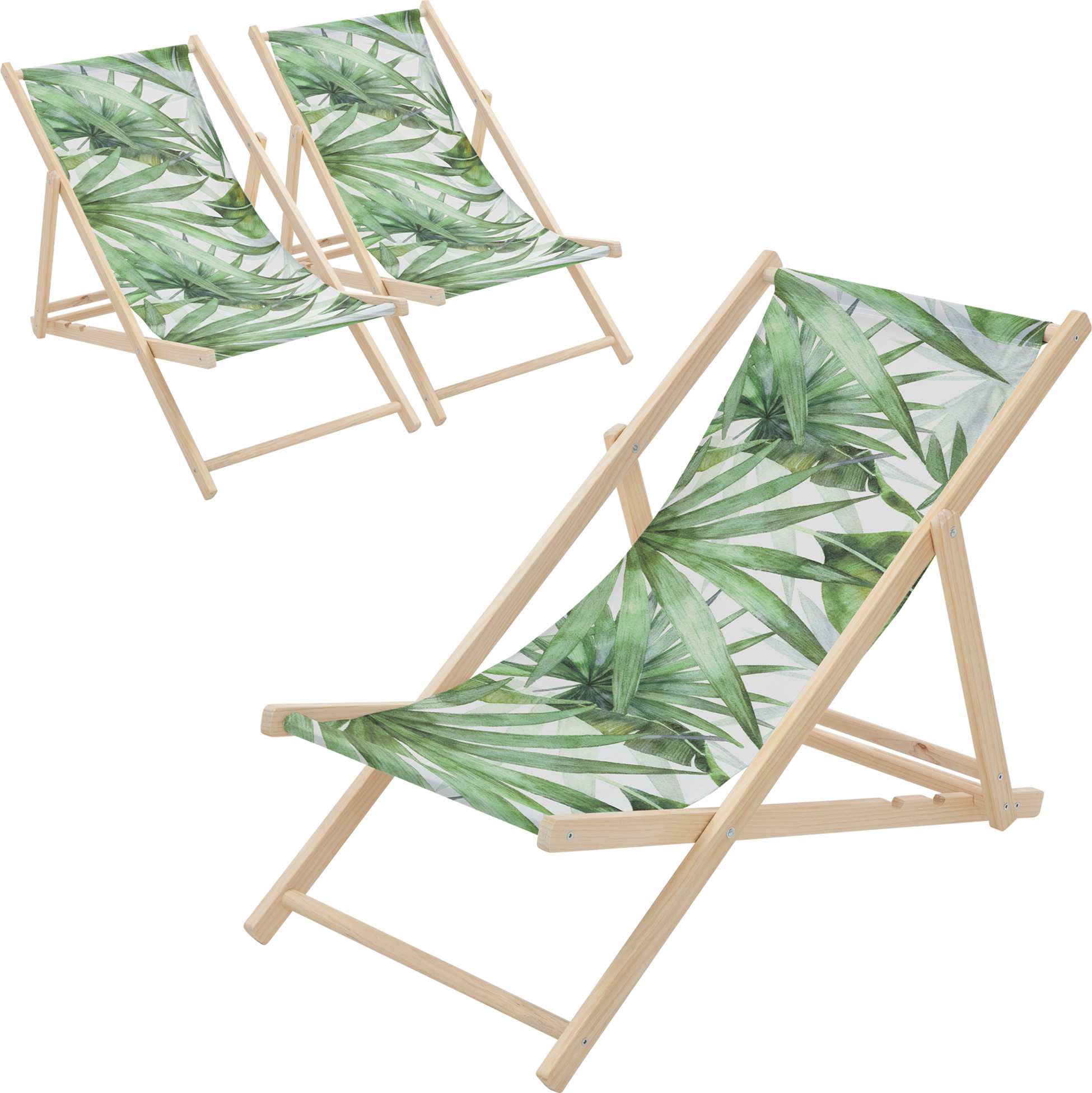 ECD GERMANY, Ecd Germany Set Of 3 Folding Deck Chair Palm Tree Green And White, Sunbed Wooden Beach Lounger