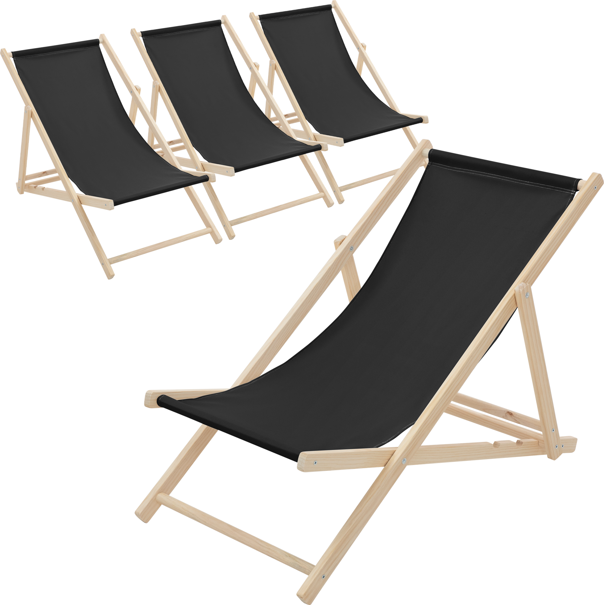ECD GERMANY, Ecd Germany Set Of 4 Foldable Wooden Deck Chair Garden Sun Lounger Black Reclining