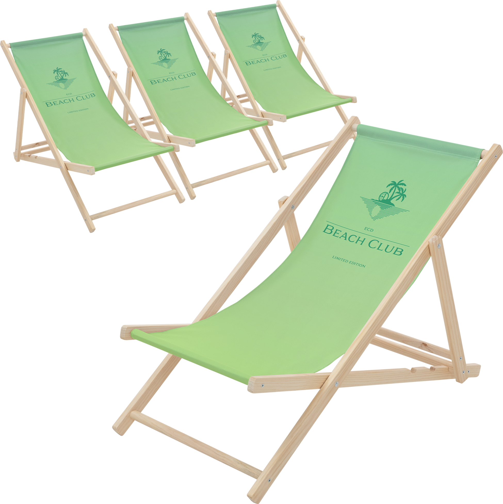 ECD GERMANY, Ecd Germany Set Of 4 Folding Deck Chair Beach Club Green, Sunbed Wooden Lounger With 3 Position
