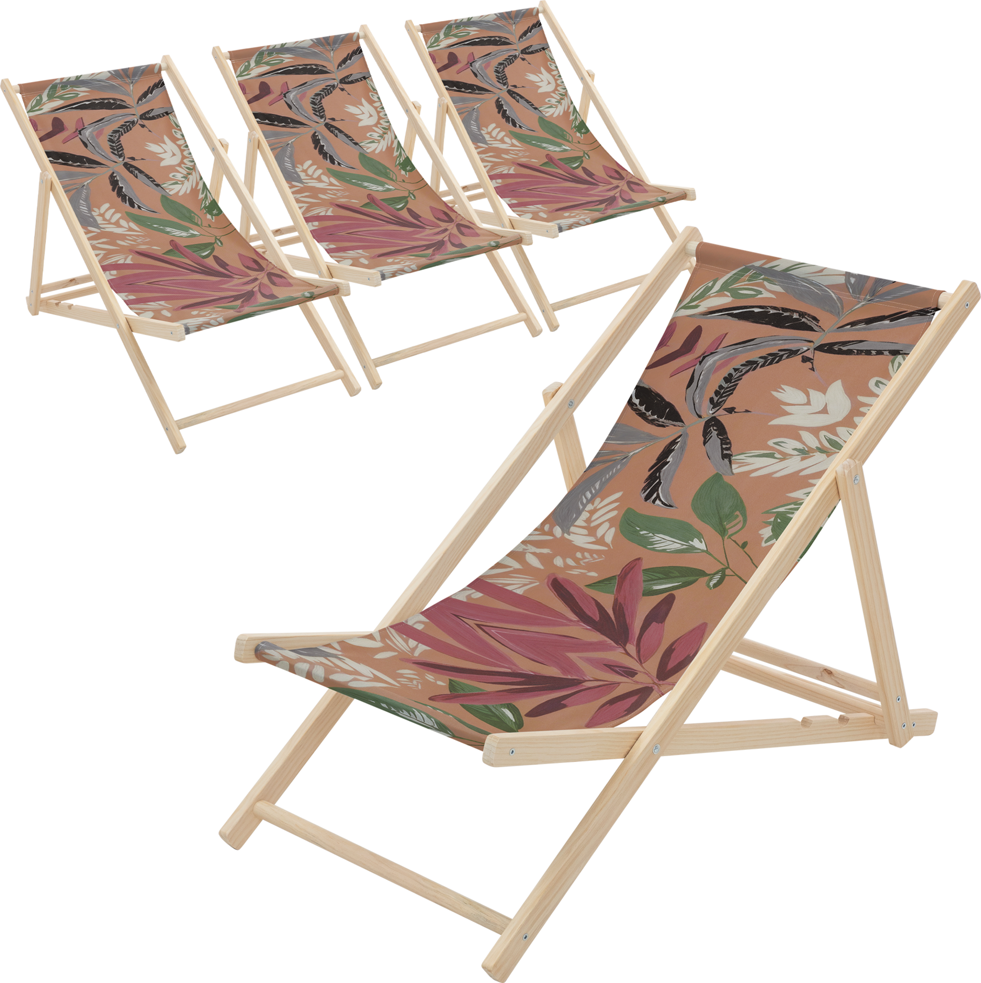 ECD GERMANY, Ecd Germany Set Of 4 Folding Deck Chair Floral Brown Red Green, Sunbed Wooden Beach Lounger
