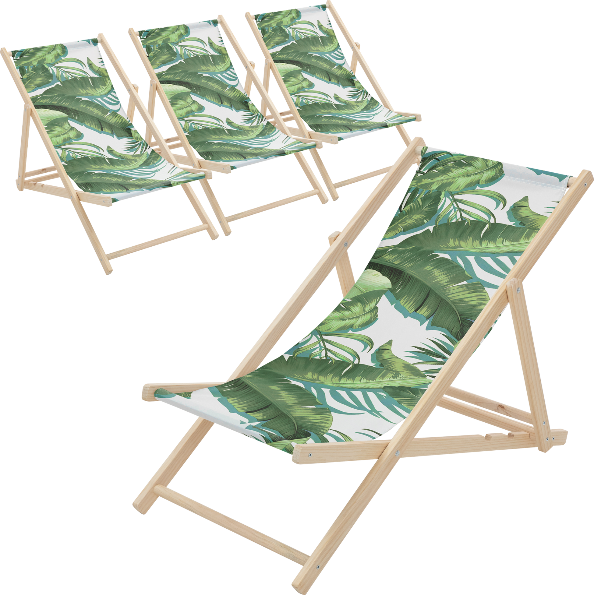 ECD GERMANY, Ecd Germany Set Of 4 Folding Deck Chair Tropical Green And White, Sunbed Wooden Beach Lounger