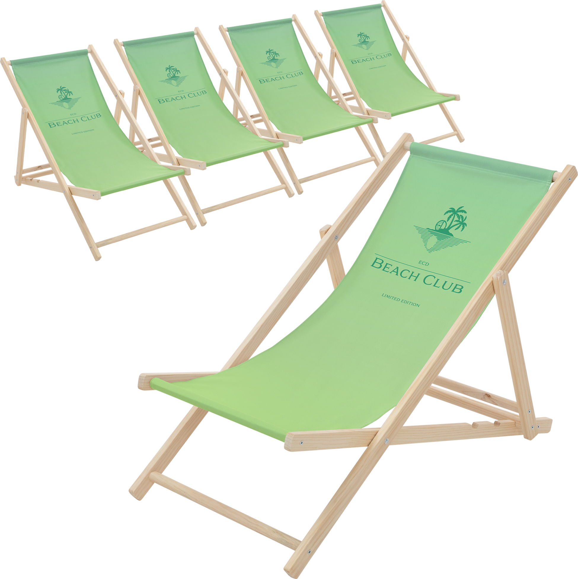 ECD GERMANY, Ecd Germany Set Of 5 Folding Deck Chair Beach Club Green,sunbed Wooden Beach Lounger With 3 Position