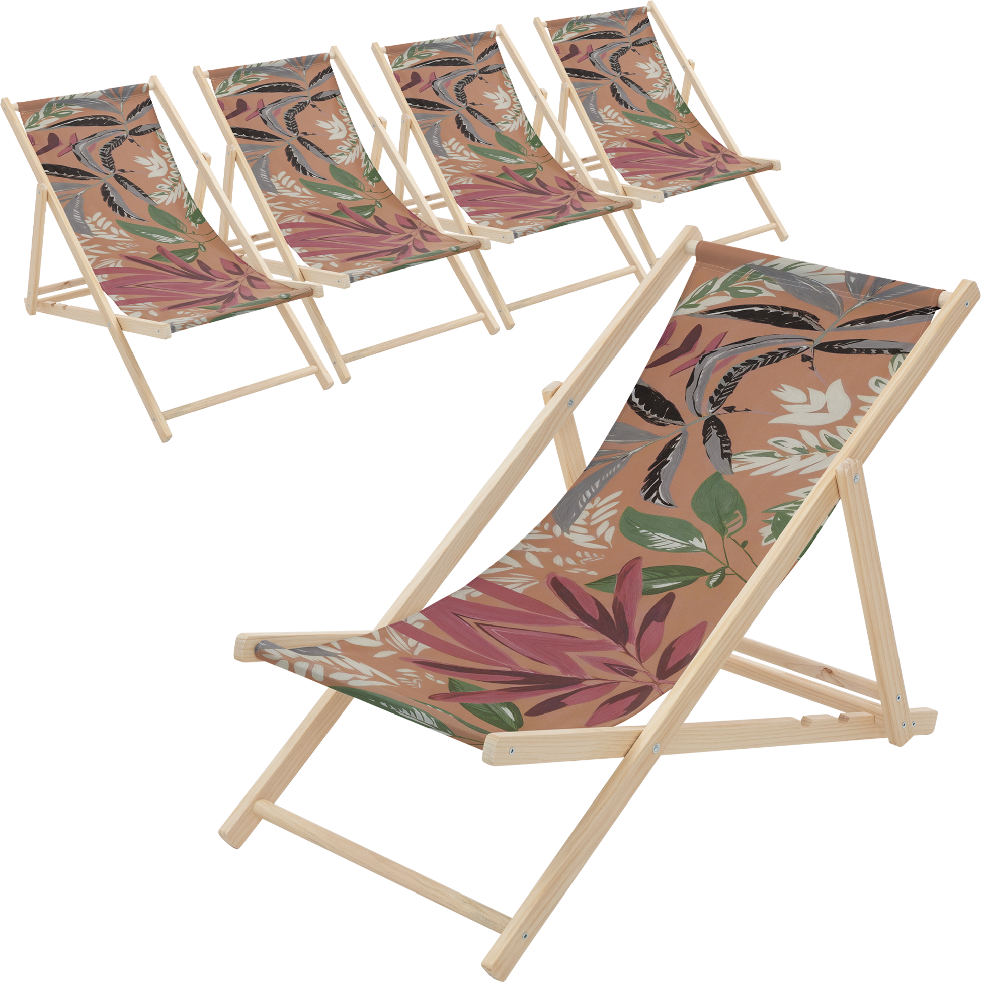 ECD GERMANY, Ecd Germany Set Of 5 Folding Deck Chair Floral Brown Red Green, Sunbed Wooden Beach Lounger